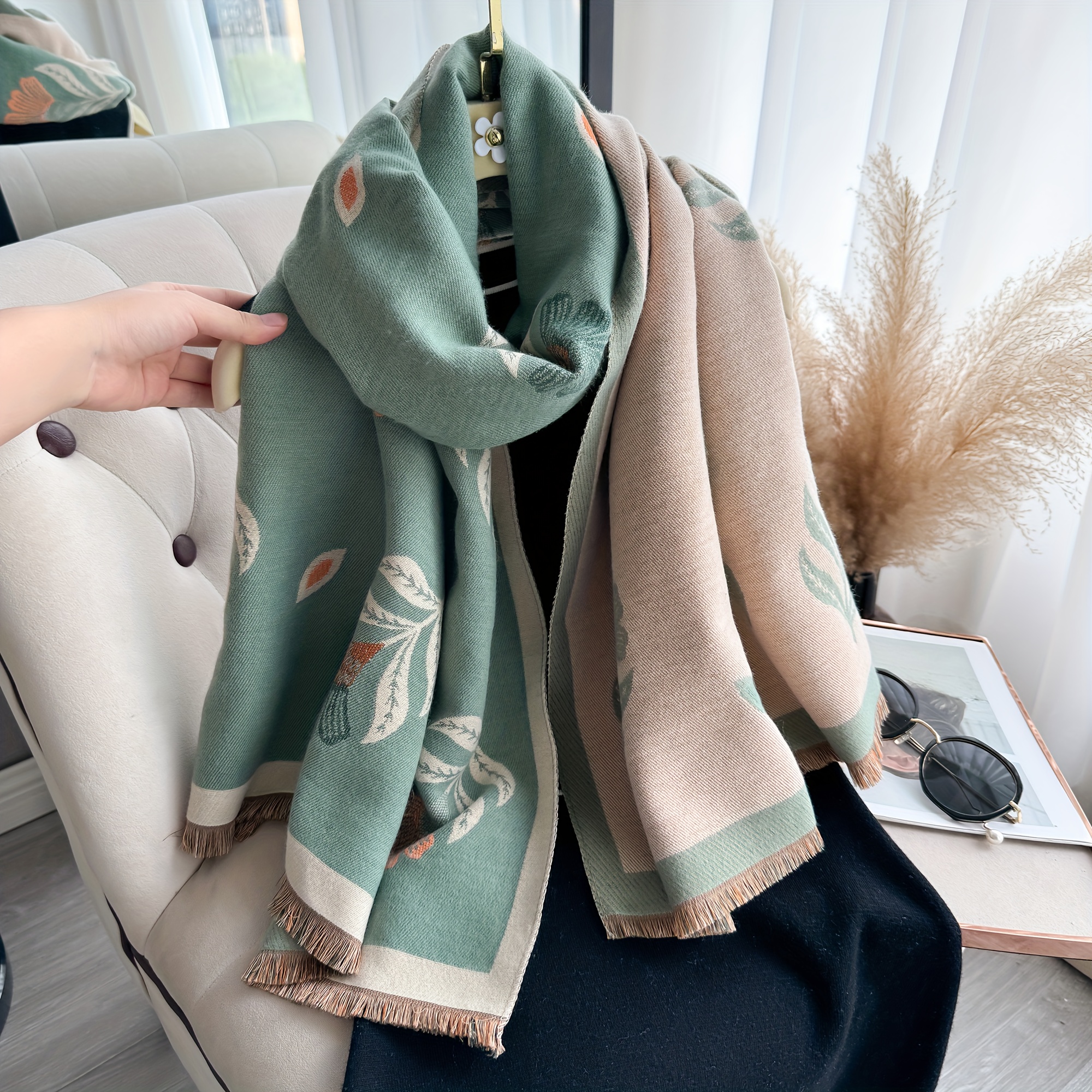 1pc IROJEFF ' Elegant Pashmina Shawl Wrap - Soft Thick Winter Scarf & Shawl with Gray & Orange Leaf Print, Tassels - Warm Cozy Outfits for Outdoors, Parties, Travel - Luxury Jacet Compatible Accessory (Hand/Dry)