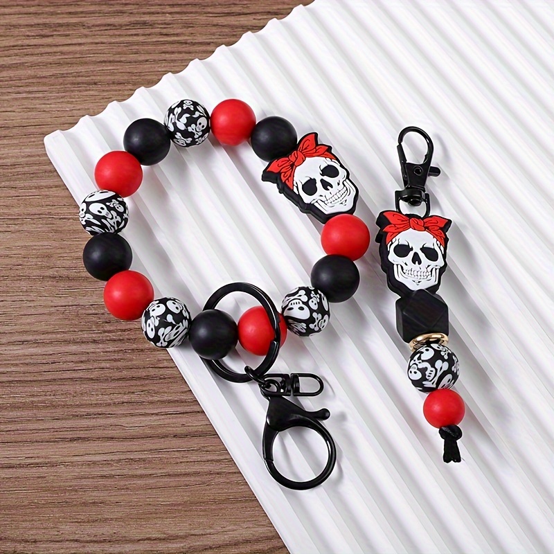 

2pcs/set Skull Silicone Handmade Beaded Keychain Skull Silicone Beaded Wrist Keyring Bag Pendant Key Pendant Anti Loss Pendant Gift Halloween Gift