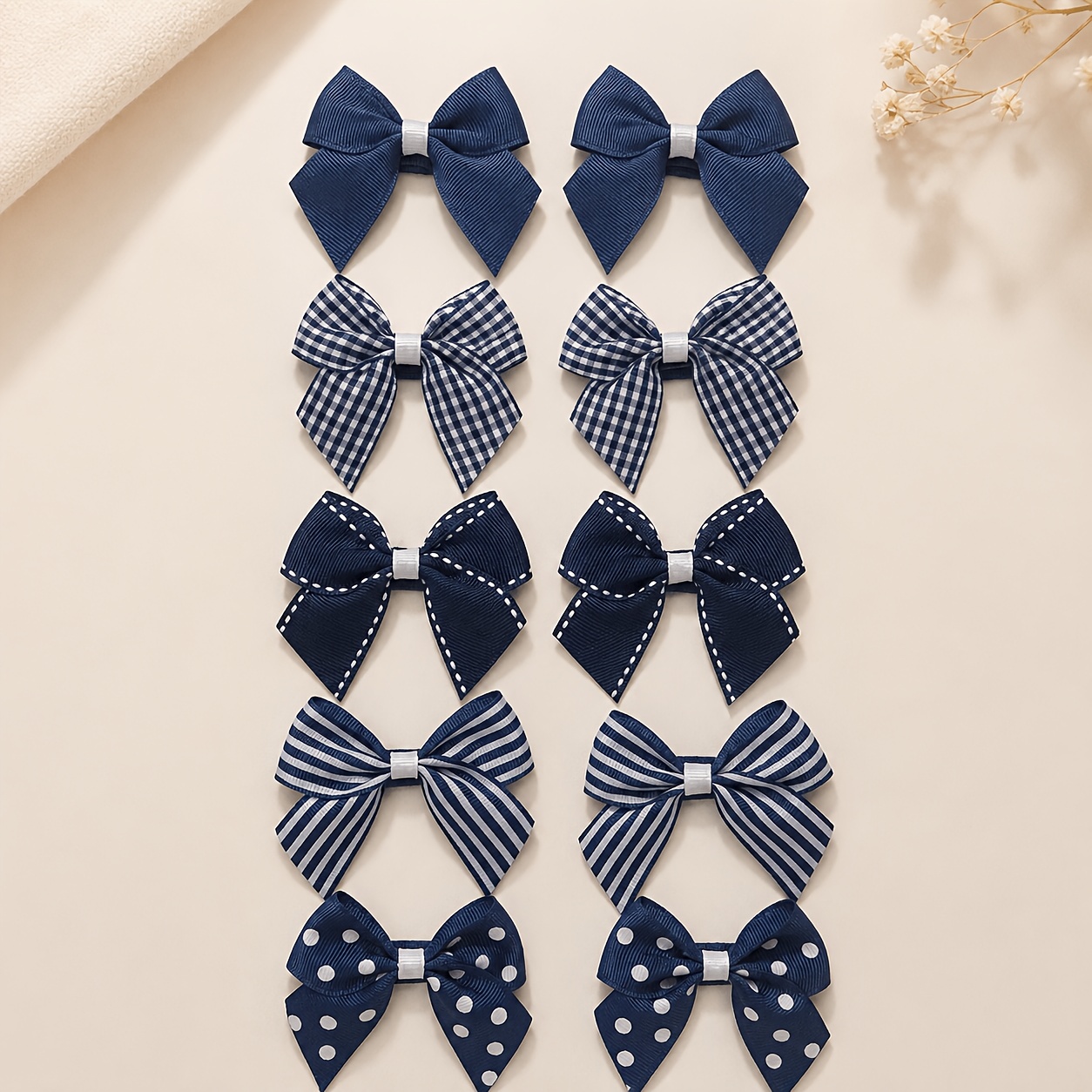 TEMU 10pcs Preppy Style Navy Grosgrain Ribbon Bow Hair Clips For, Gingham, Stripe, Polka Dot Decor Hair Pins, Accessories For Fashionable Wear &