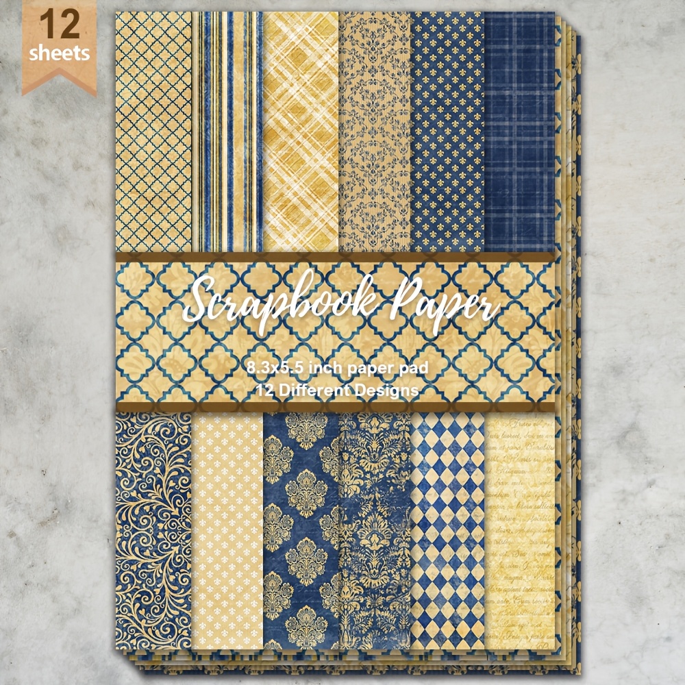 TEMU 12 Sheets Yellow Blue Texture Scrapbook Paper, 8.3× 5.5'', Diary Scrapbooking Supplies, Crafts, Decorative Craft Paper For Gift Packaging, Album