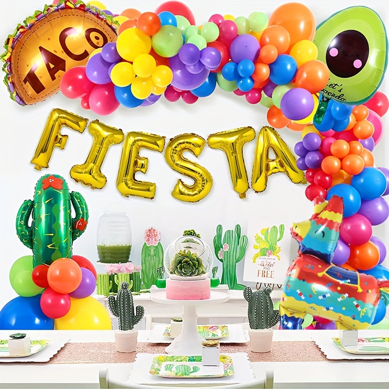 111 piezas de Decoraciones para Fiesta Mexicana Suministros de Cumpleaños para Niños Niñas Adultos - Kit de Arco de Globos Guirnalda Mantel Serape Fondo de Cumpleaños Feliz Decoración de Globos de Taco Decoración de Fiesta de Cinco De Mayo