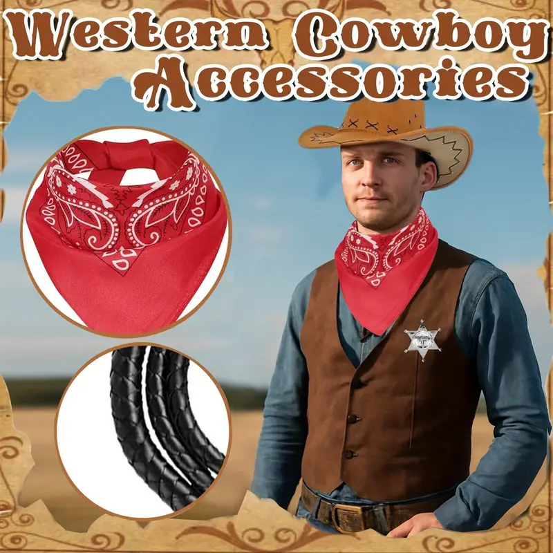 7-teiliges Cowboy Kostüm Für Erwachsene – Mit Hut, Bandana, Holster, Gürtel, Halskette & 2 Abzeichen – Western Cosplay Halloween 7-teiliges Cowboy Kostüm Für Erwachsene – Mit Hut, Bandana, Holster, Gürtel, Halskette & 2 Abzeichen – Western Cosplay Halloween