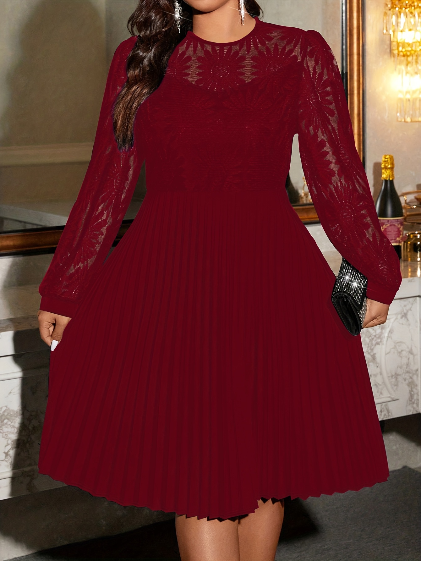plus size elegant plus size womens dress lace panel pleated - Temu Mauritius