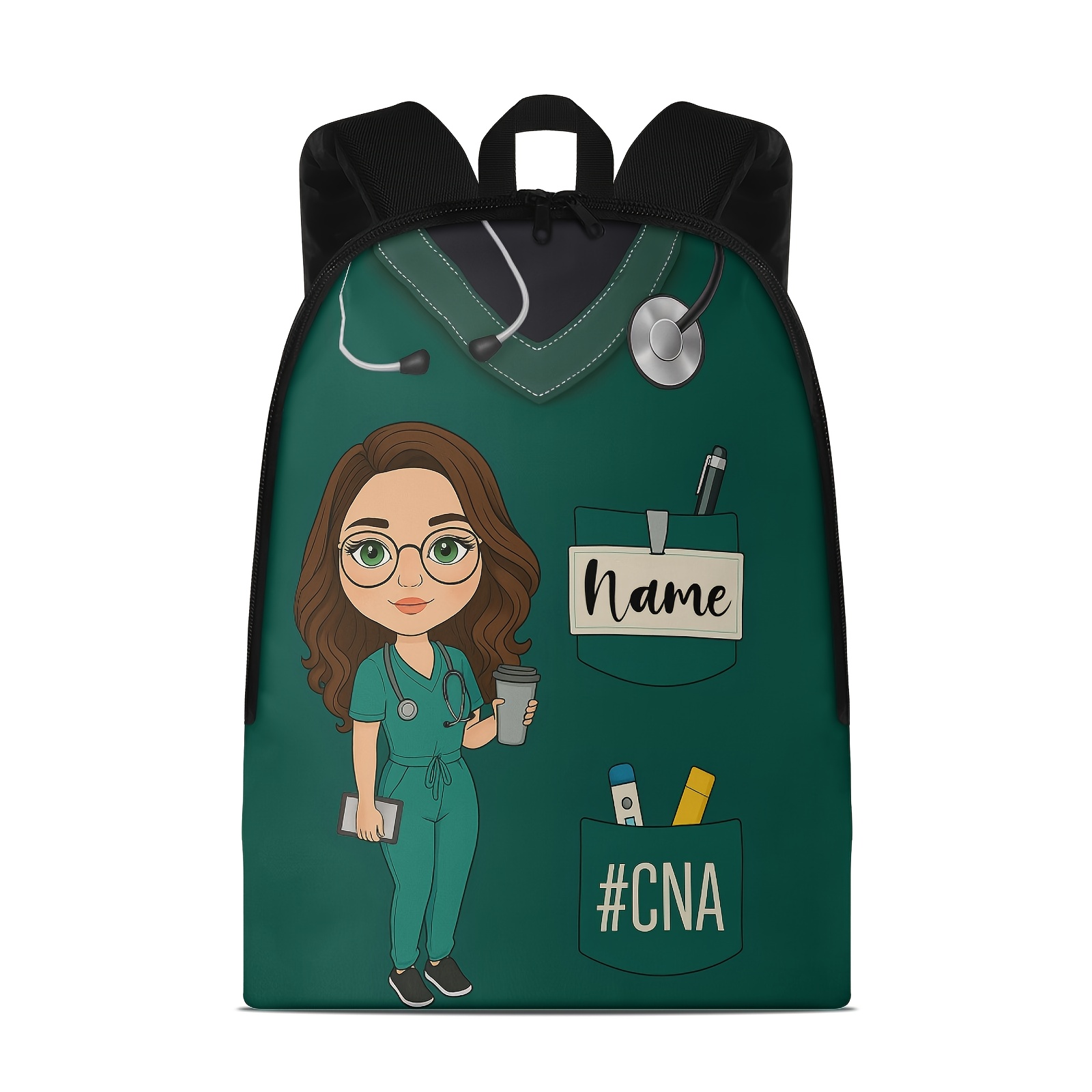 TEMU Mochila Personalizable de Poliéster con Tema Verde - Estampado de Enfermera de Dibujos Animados y Estetoscopio, Correas Ajustables, Cierre de