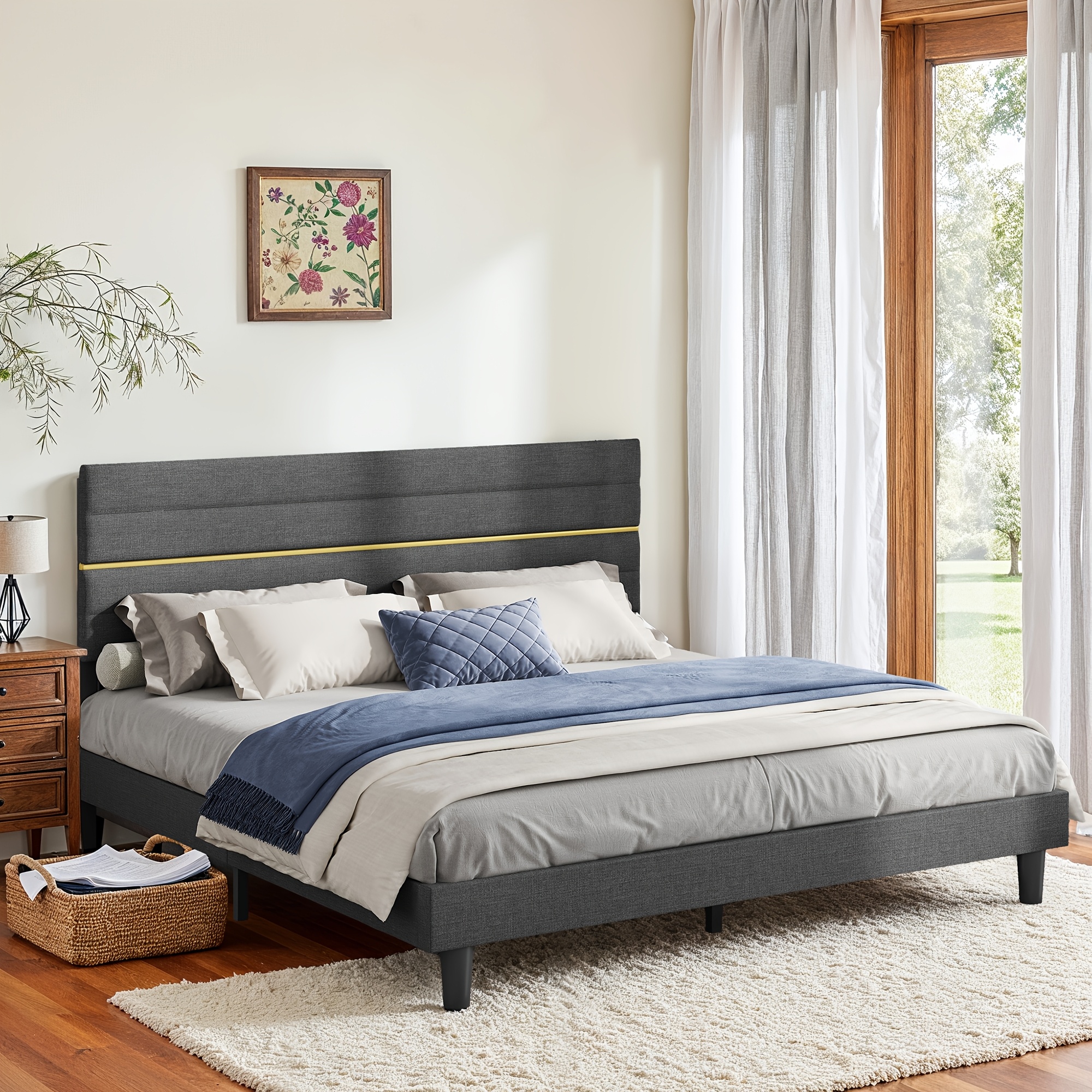 Upholstered Bed With Adjustable Headboard And Slatted Frame 180 X 202cm Gray