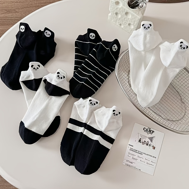 TEMU 5 Pairs Of Women's Cute Cartoon Panda Ear Boat Socks Embroidered Versatile Fashion Short Socks Easy Sweet Cartoon Black And White Panda Trendy