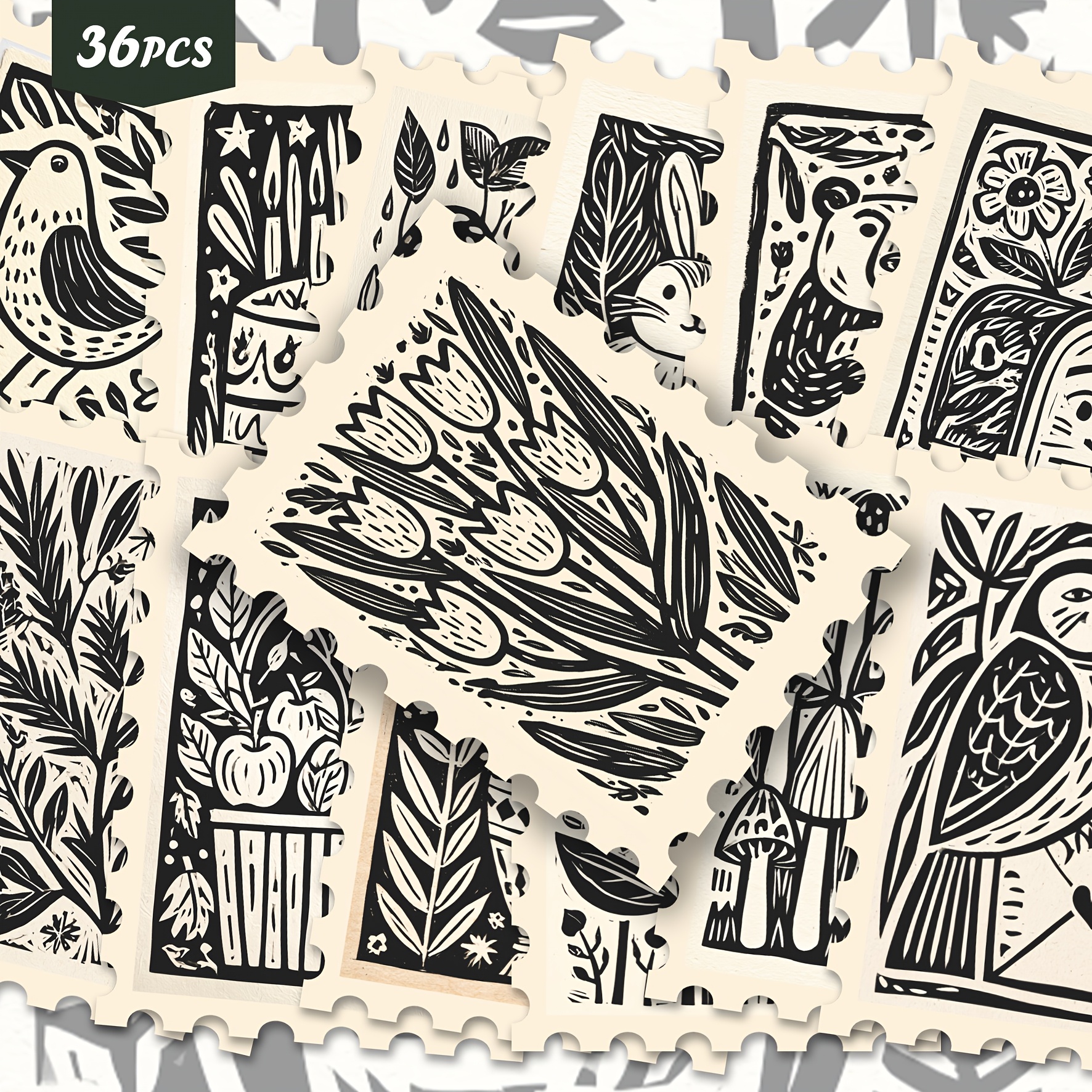 TEMU Ensemble de 36 autocollants d'art sur le thème de la nature, collection d'autocollants floraux, animaux et plantes en style linogravure pour le