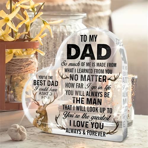 2d flat 1pc heart shaped acrylic dad gift with message clear transparent keepsake for fathers day birthday christmas elegant cursive font golden accents multi purpose tabletop decor for son or daughter gift for dad elegant font style golden accents design dad gift