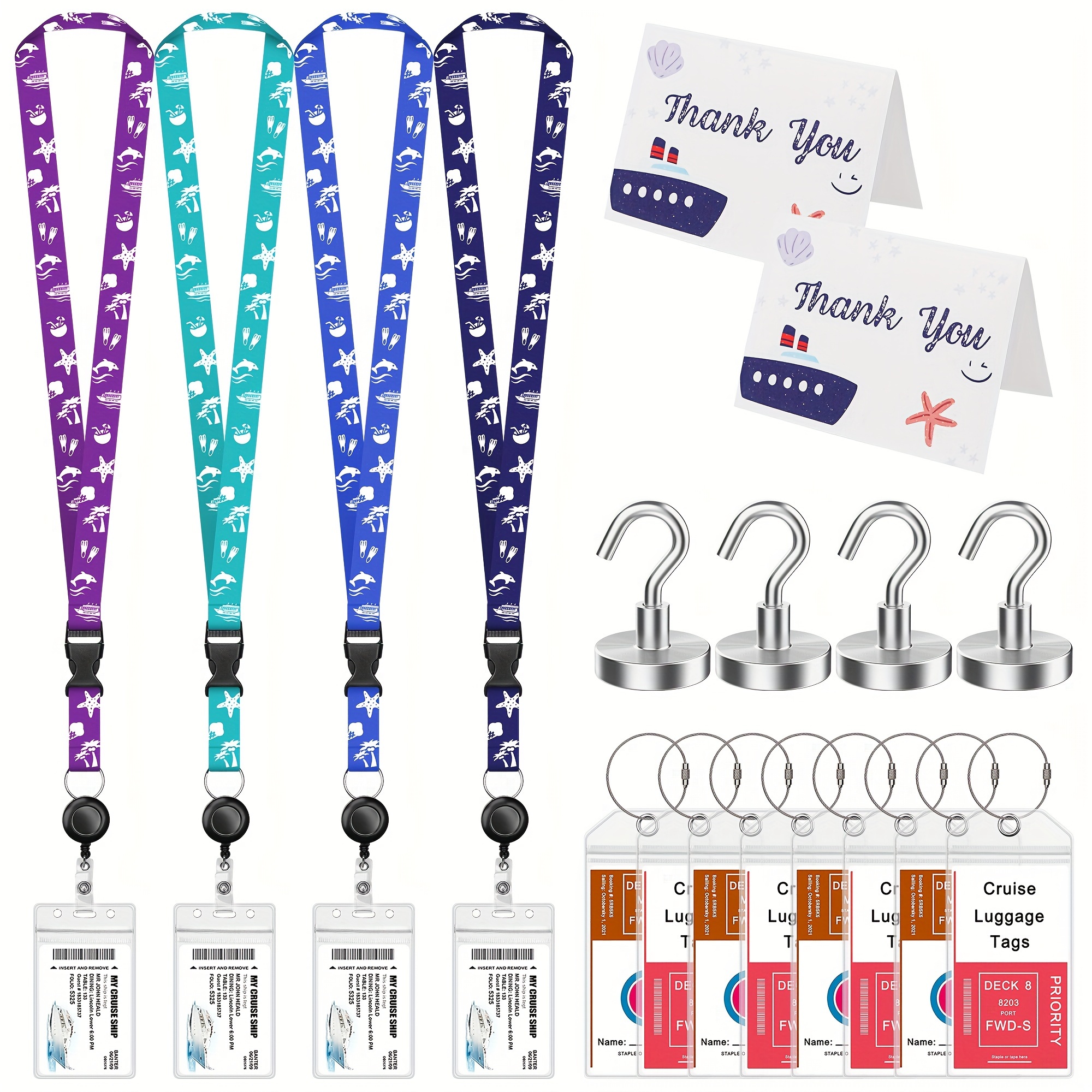 

22 Pack Cruise Lanyards Kit Include 4 Cruise Lanyards 4 Id Holders 4 Magnetic Hooks 8 Luggage Tags And 2 Thank You Card - Cruise Essentials