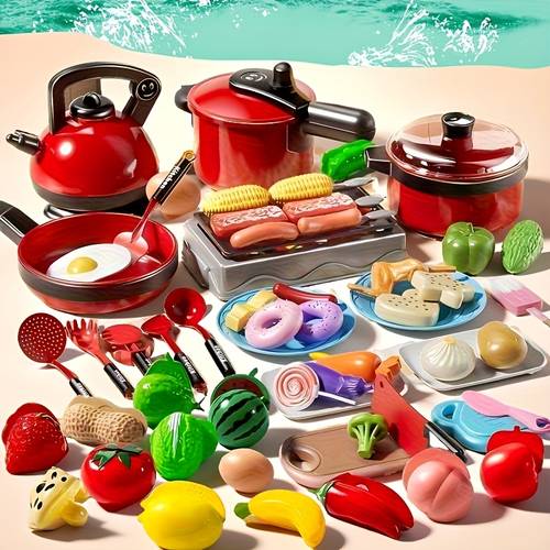 23 47 51pcs red pretend play kitchen toy game random color role playing interactive mini game learning cooking with realistic fruits and foods making the game enhancing imagination and