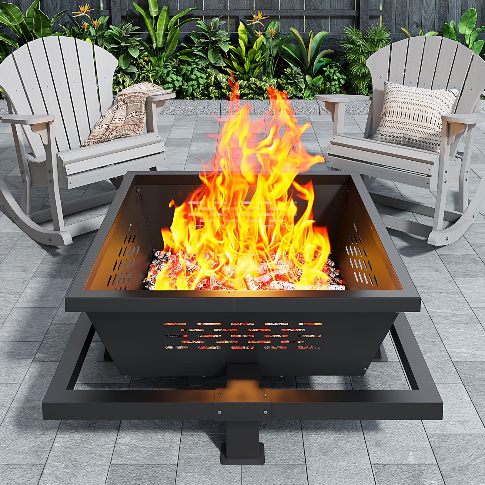 

Extra-large 43" Square Fire Pit With Storage Pocket - Iron, Wood Burning For Camping, Backyard & Patio - Christmas, Valentine's, Thanksgiving, New Year,