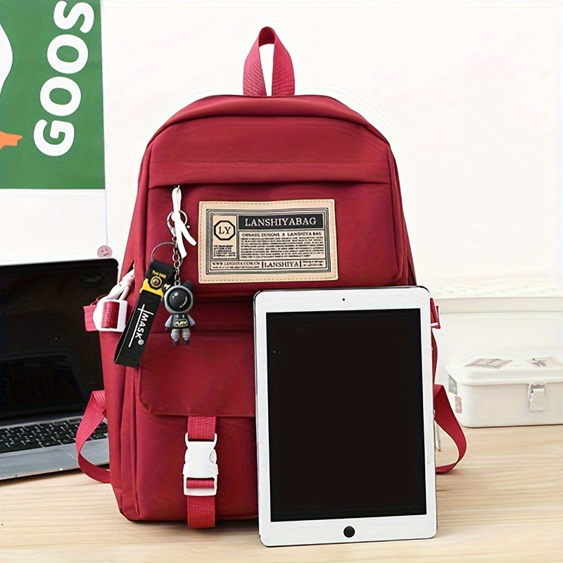 5-Piece Solid Color Backpack Set with Large Capacity Double Shoulder Bag, Tote, Pencil Case, Crossbody, and Lightweight Student Bag in Multi