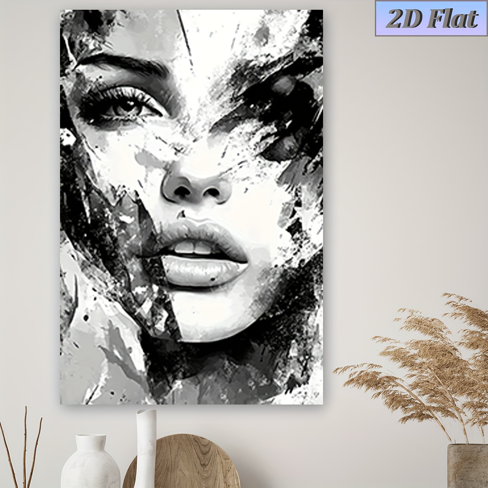 TEMU 2d Flat, [jit] 2d Flat, 1pc, Unframed Canvas Printing, A Woman ' S Face Painted In Black And White. Posters And Prints, Bedroom, Office, Living
