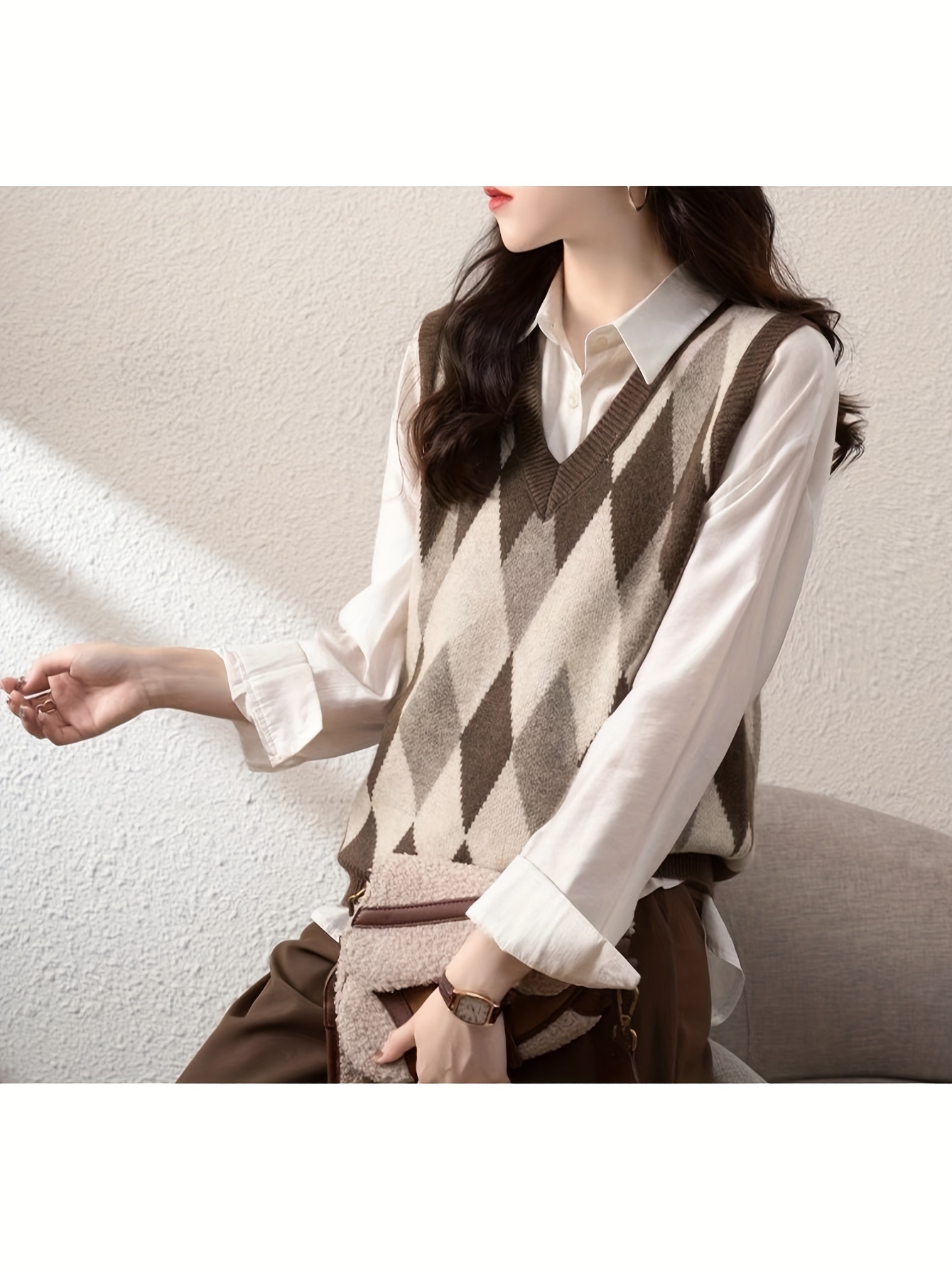 chaleco casual punto cuello pico rombos mujer jersey sin Temu Peru