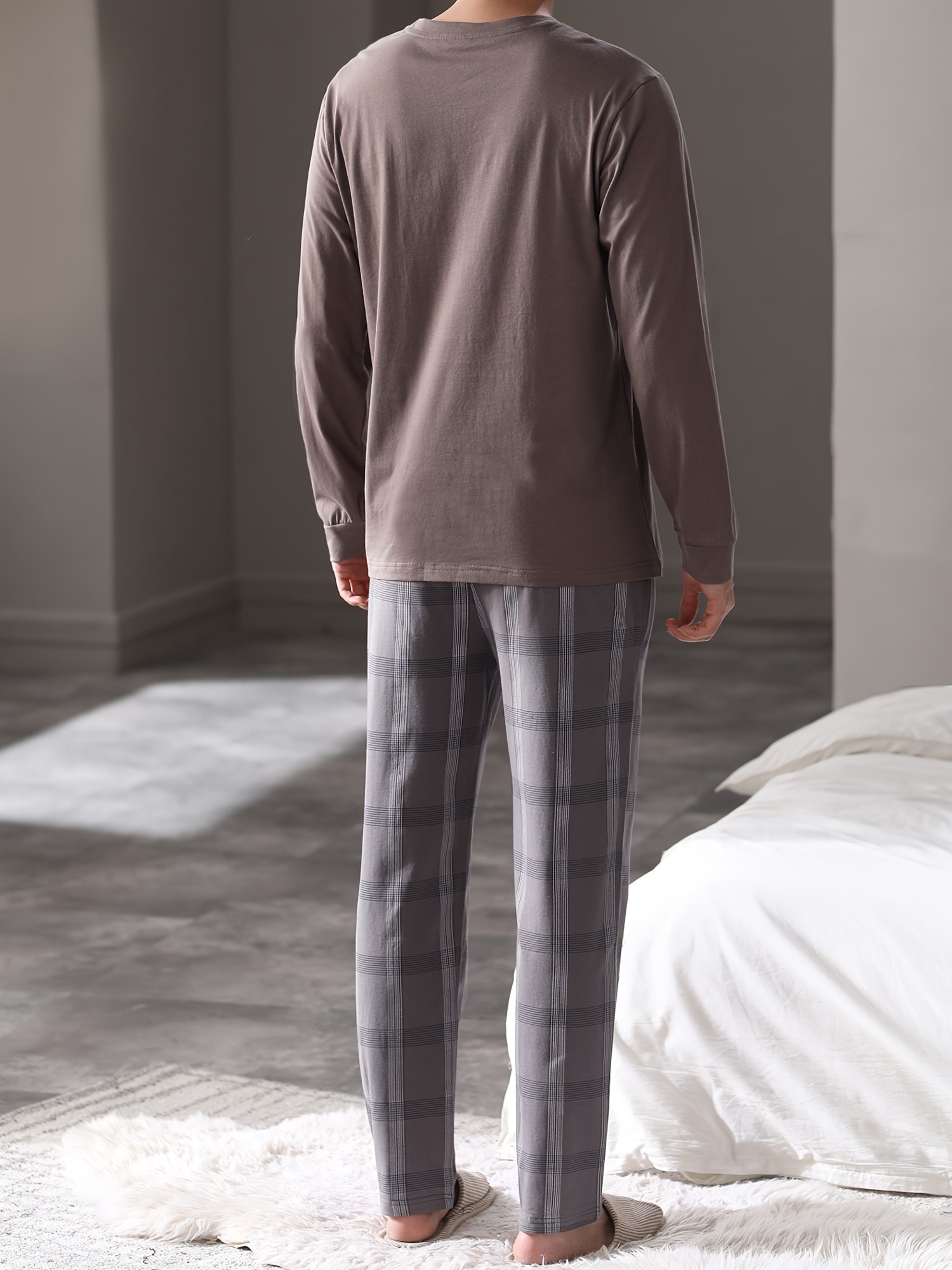 1set DOLAMI Men'S Cotton Pajama Set - Casual Crew Neck Long Sleeve Tartan PJs with Pocket, Slight Stretch Knit Fabric, Regular Fit Sleepwear for Spring/Fall