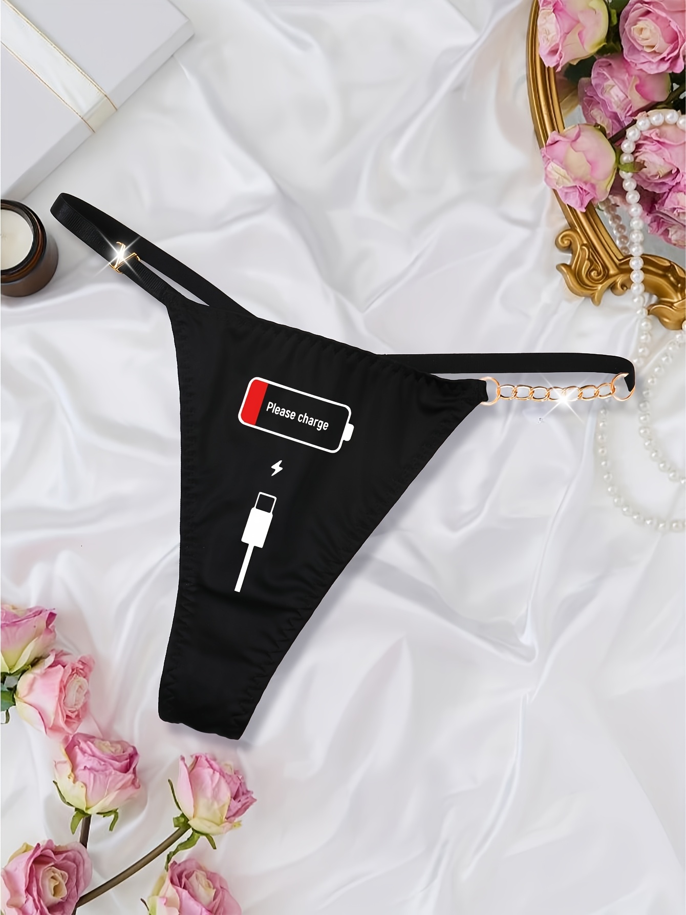женски секси црни танга гаќички со метална синџир и v-образен декор, контрастен дизајн - еластични и дишачки за удобност во секојдневно носење, слатки гаќички, интимна облека, v-облик украси, модерен стил, мазен материјал, издржливи детали 6