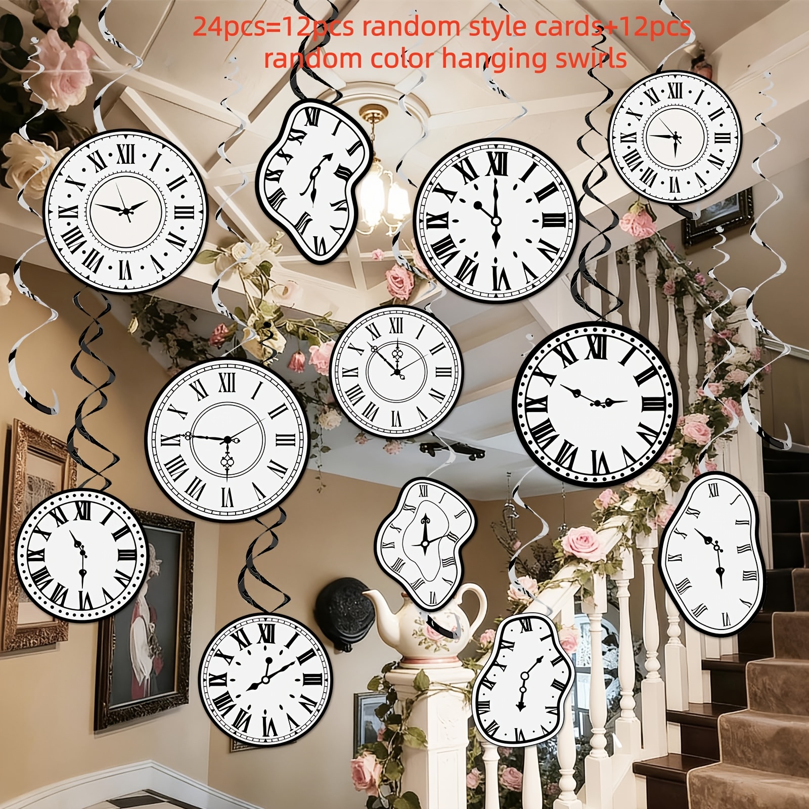 TEMU 12/24/36pcs Random Style Random Color Wonderland Tea Party Decorations Clock Hanging Swirls, Clock Ceiling Streamers Fairytale Themed Hanging