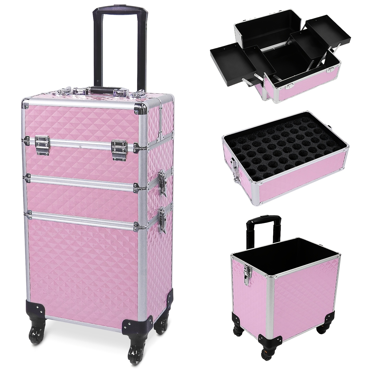 TEMU Professional Pink Rolling Makeup Train Case - 3-in-1 Cosmetology Cart With Wheels, For Hairstylists & Nail , Makeup Train Case, Makeup Trolley, Cosmetology Case