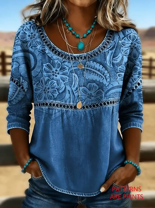spring summer and autumn womens paisley print long sleeve top bohemian style round neck casual shirt loose fitting shirt suitable for matching jeans casual and daily wear
