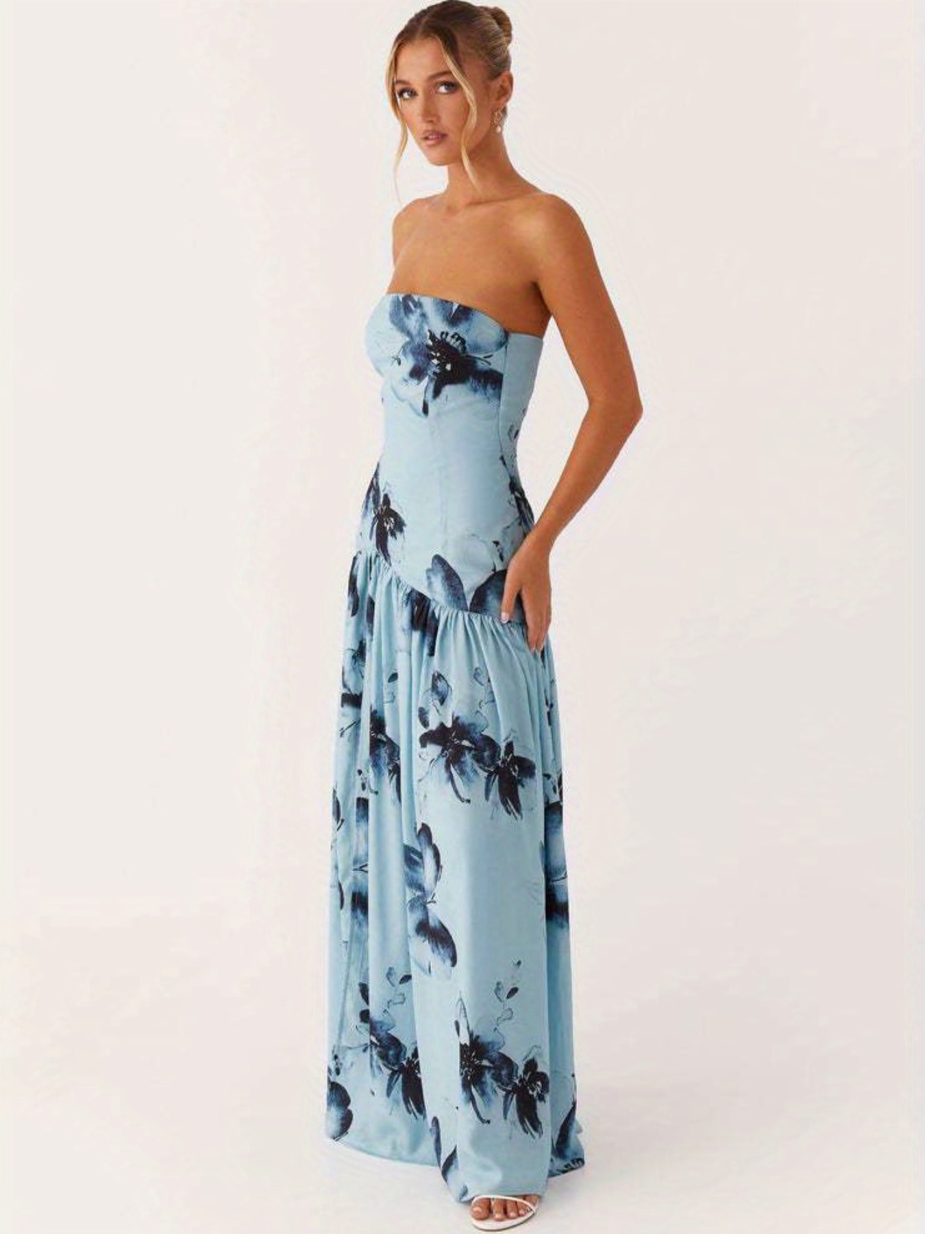 elegant light blue floral print strapless maxi dress women Temu