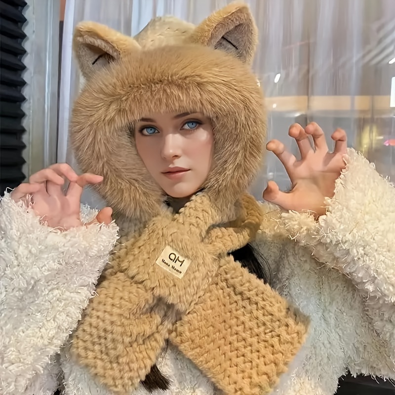 

1set 's Fox Ear Hooded Set - Hat And , Non-elastic, Ear , For 's And Halloween