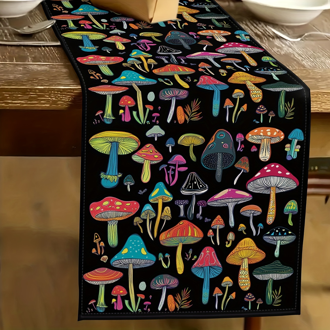 

Mushroom Pattern Linen Table Runner - 100% Linen Knit Fabric, Rectangular Home Dining Decor For Parties & Indoor Celebrations, Dustproof Tableware Cover, 13x72 Inches - 1pc