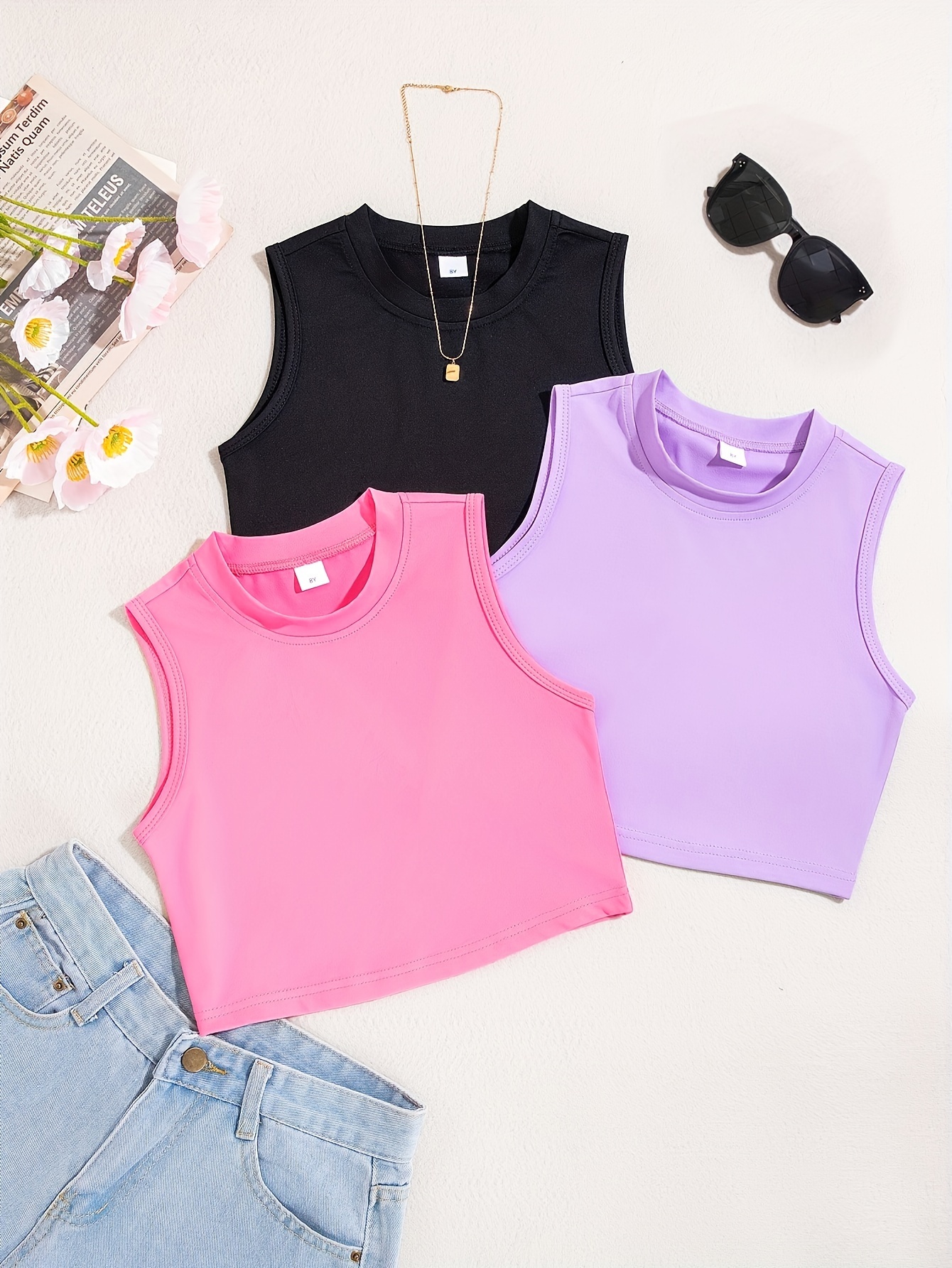 Teen Girls 4pcs/set Breathable & Casual Solid Colored Sleeveless Tank ...