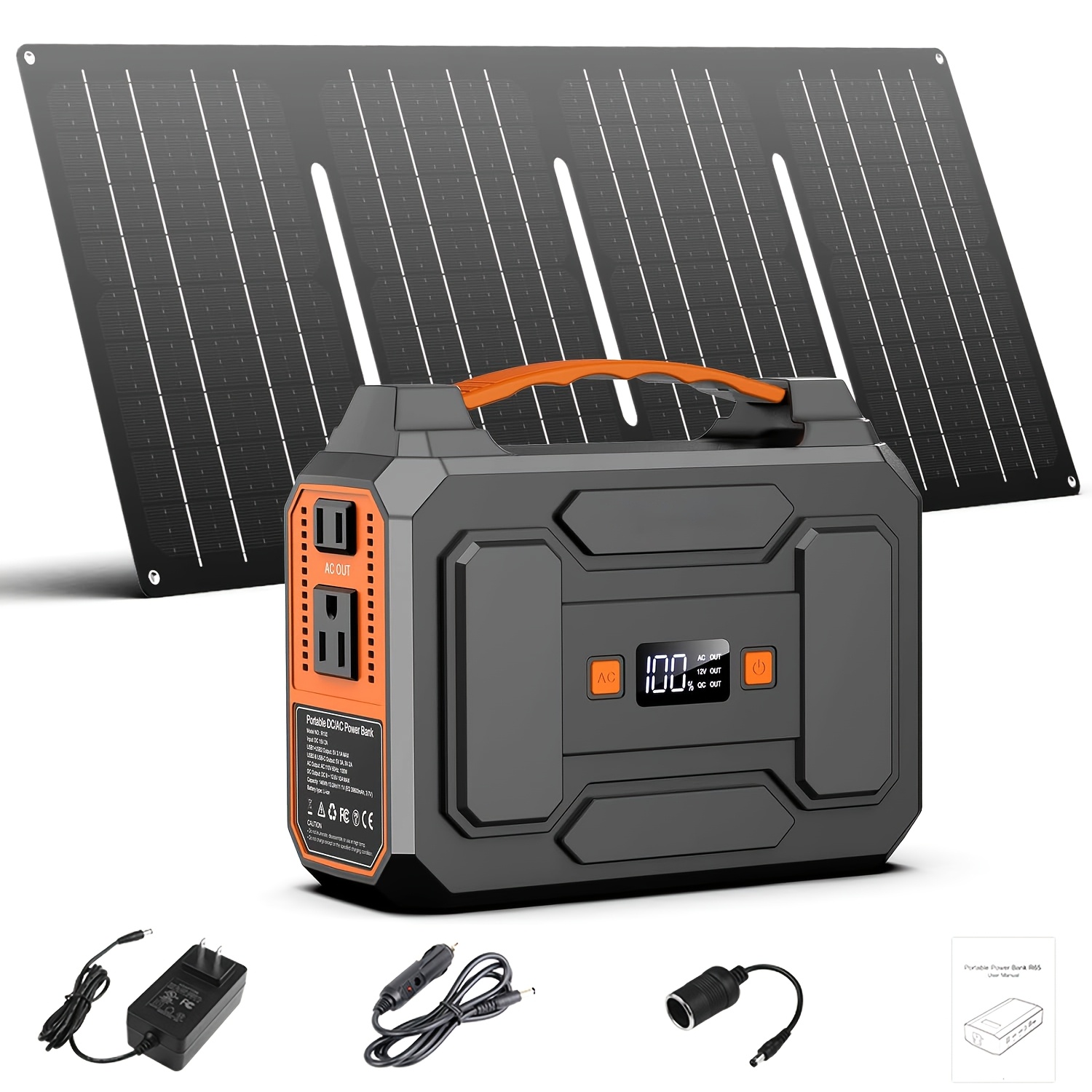 TEMU 100w 146wh Portable Power Station Solar Generator With Foldable Solar Panel Charger, Laptop Battery Power Bank With Ac, Usb Usb-c Output And Led