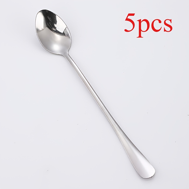 TEMU 5pcs Stainless Steel Long Handle Spoon Set - Perfect For Iced Tea, Coffee And Ice Cream - Dishwasher Safe Kitchen Flatware