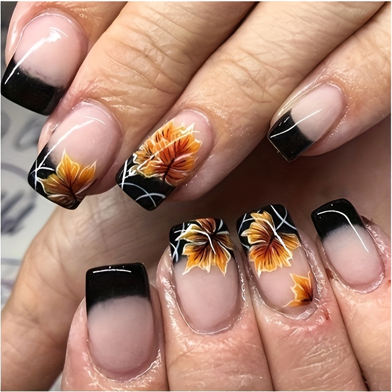 

24pcs Set Of Medium Square Press-on Nails - Glossy French Tip With Maple Leaf & Design, Includes Jelly Adhesive & Nail File For Easy Application