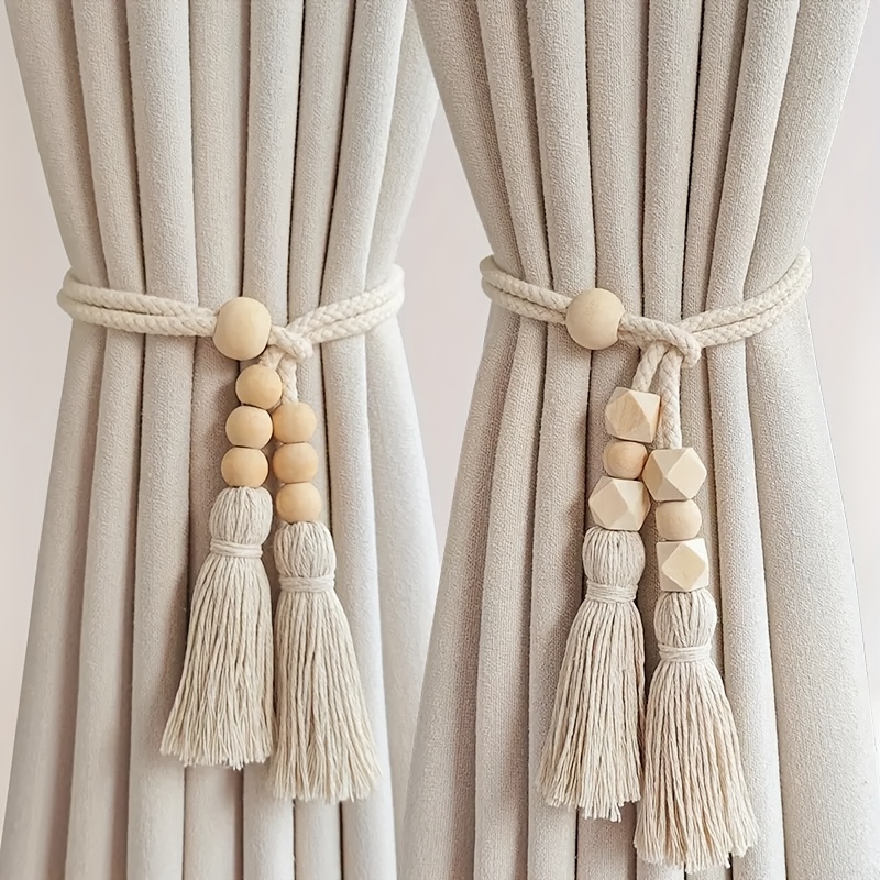 

2pcs Bohemian Style Wooden Bead Curtain Tiebacks With Tassels - Classic Decorative Holdbacks For Living Room, Bedroom, Kitchen