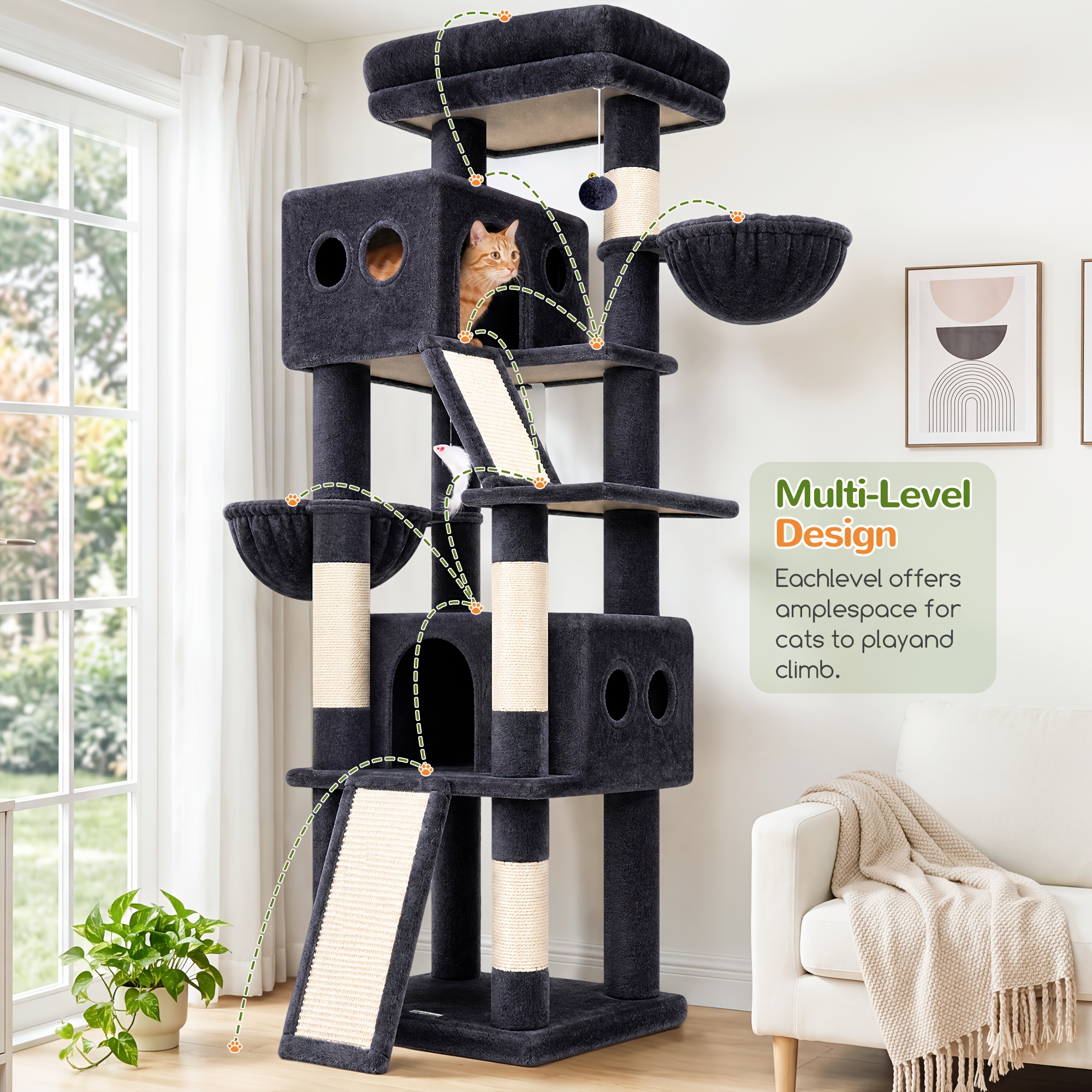 Globlazer 70-inch Cat Tower For Large Cats, Multi-level Cat Tree With 2 Condos And 2 Hammocks, Stable Cat Tree With Scratching Boards And Reinforced Base For 2-, S70g