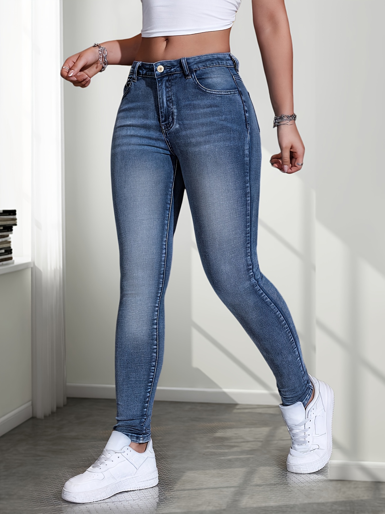 Women'S High-Waisted Stretch Denim Jeans - Slim Fit, Button Detail, Zipper Fly, All-Season Comfort, Light Blue, Casual Style, Comfortable Fashion|Slim Fit Jeans|Zipper Closure