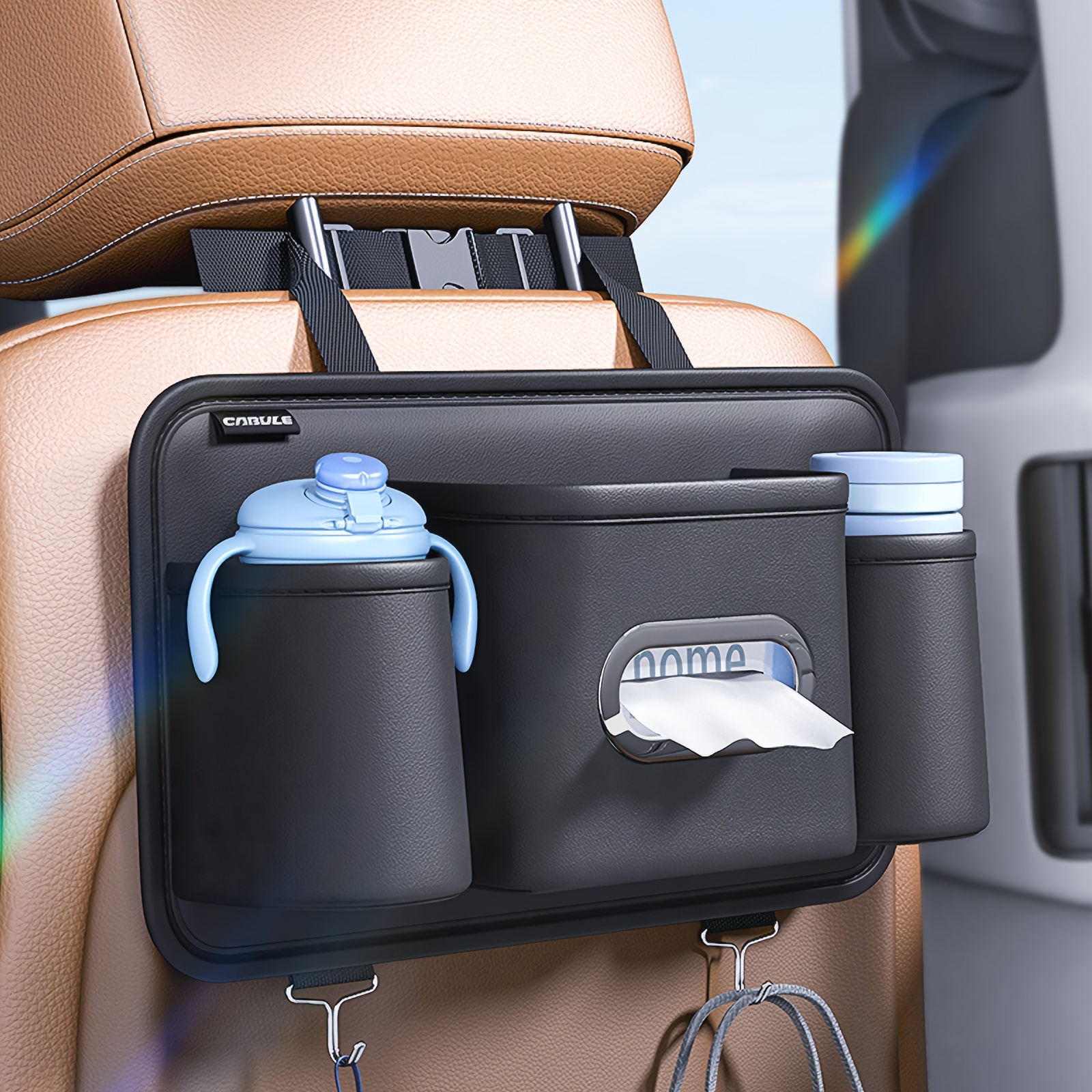 TEMU 1pc Pu Leather Car Seat Back Organizer With Cup Holder And Tissue Box, Under Seat Hanging Storage Bag For Auto Back Seat Accessories