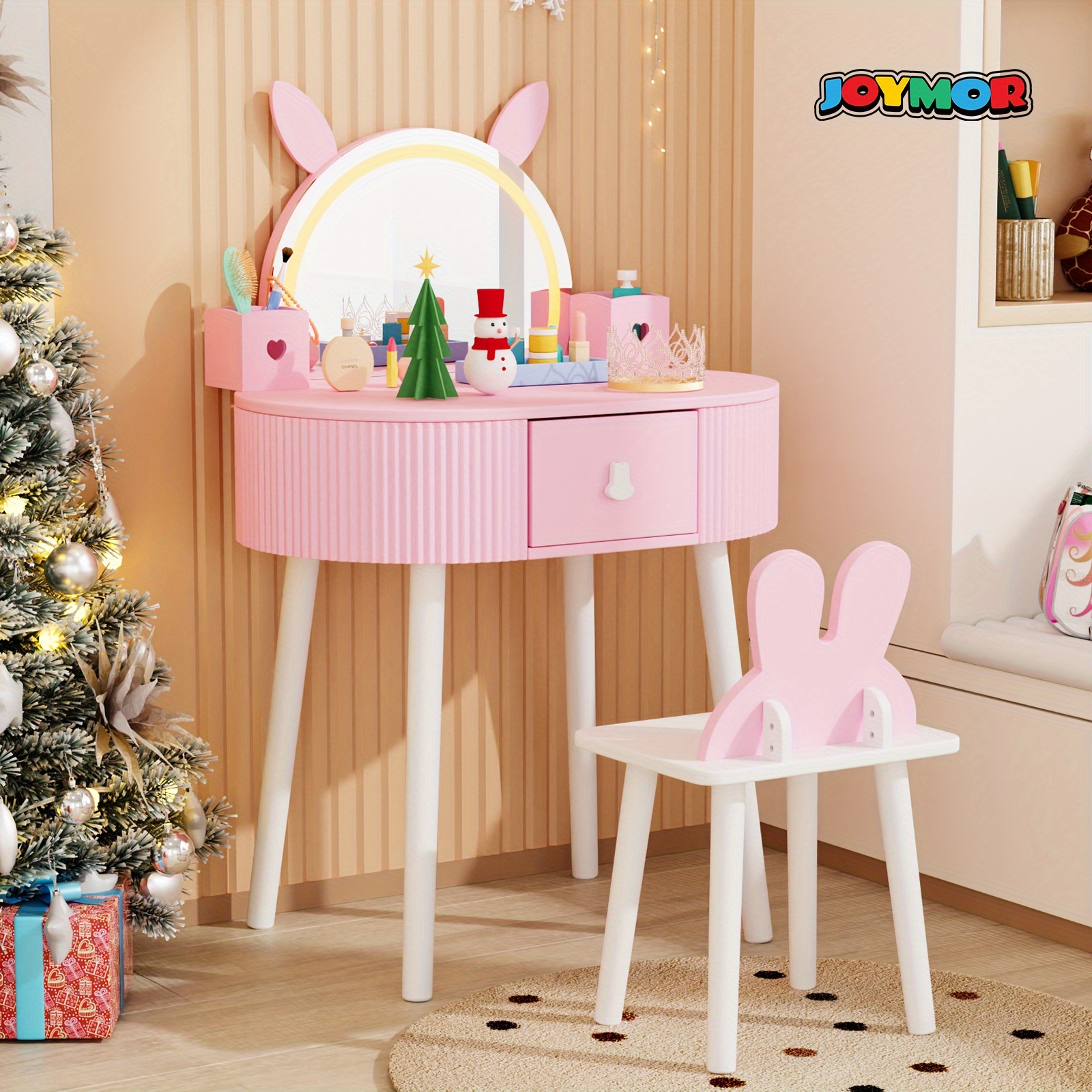 JOYMOR Kids Vanity Set with LED Lights, Girls Vanity Set, with Touch Screen, 3 Colors Adjustment, Solid Wood Leg, Large Drawer, 2 Storage Boxes, Kids Vanity Table and Chair Set, Birthday/Festival Gift for Girls, Animal Style
