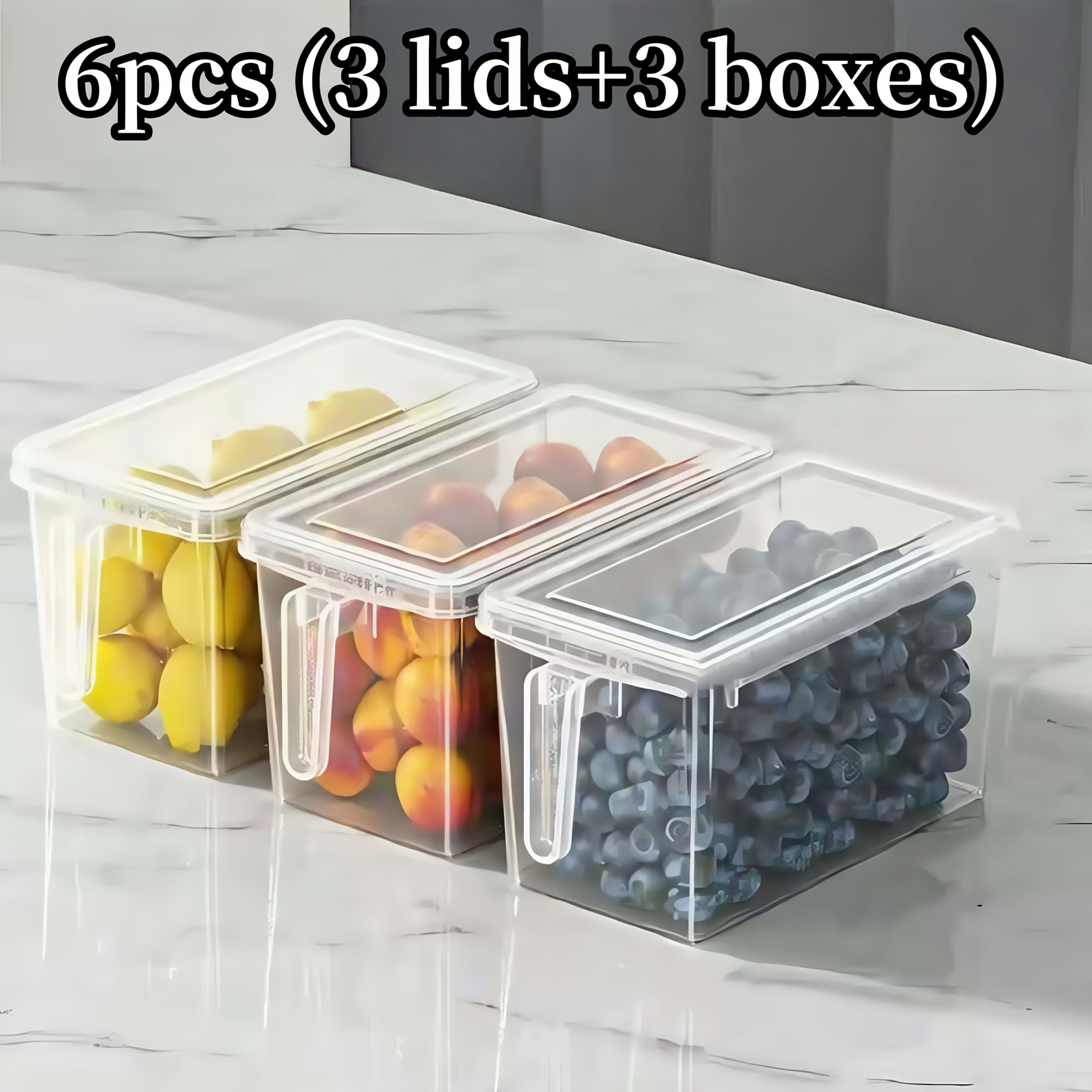 TEMU 6pcs(3pcs Boxs + 3pcs Lids) Refrigerator Storage Containers With Handles - Durable Plastic Food Organizer Bins For Fruits, Vegetables, Grains,
