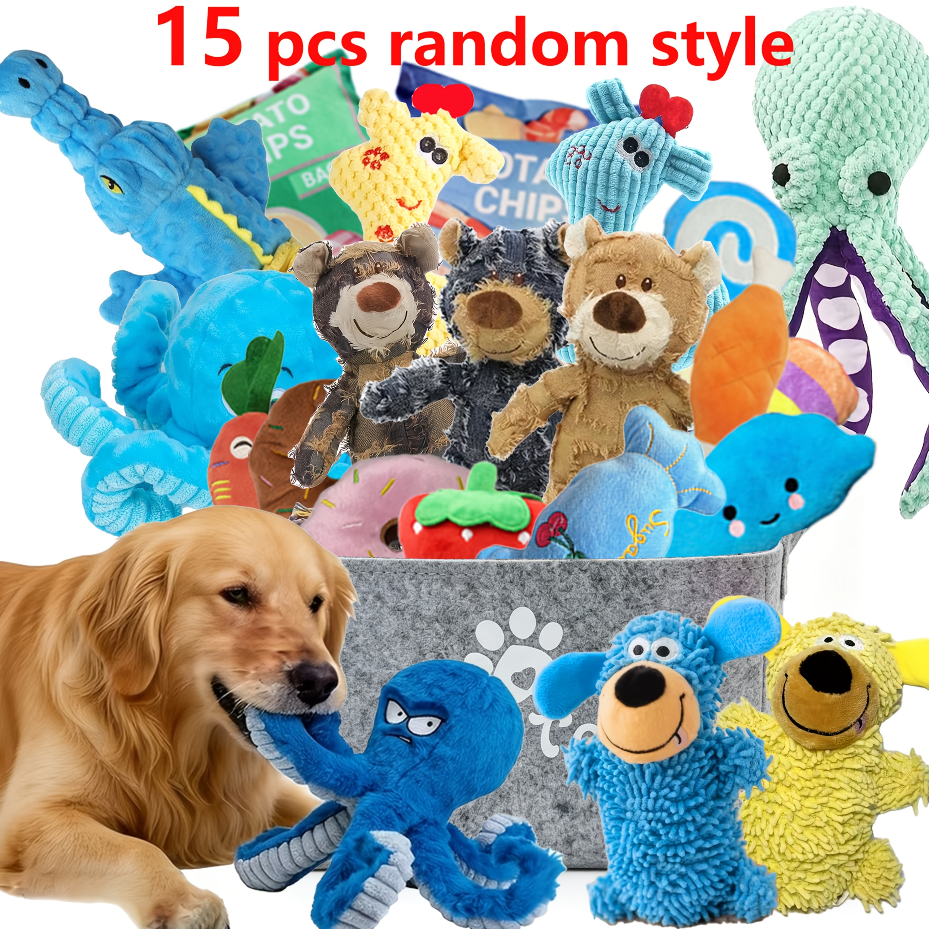 Image of 15pcs Random Colors And Patterns Dog Plush Toy Set, Assorted Random Styles, Types, Squeaky, No Storage Basket Included, Suitable For Small Dogs