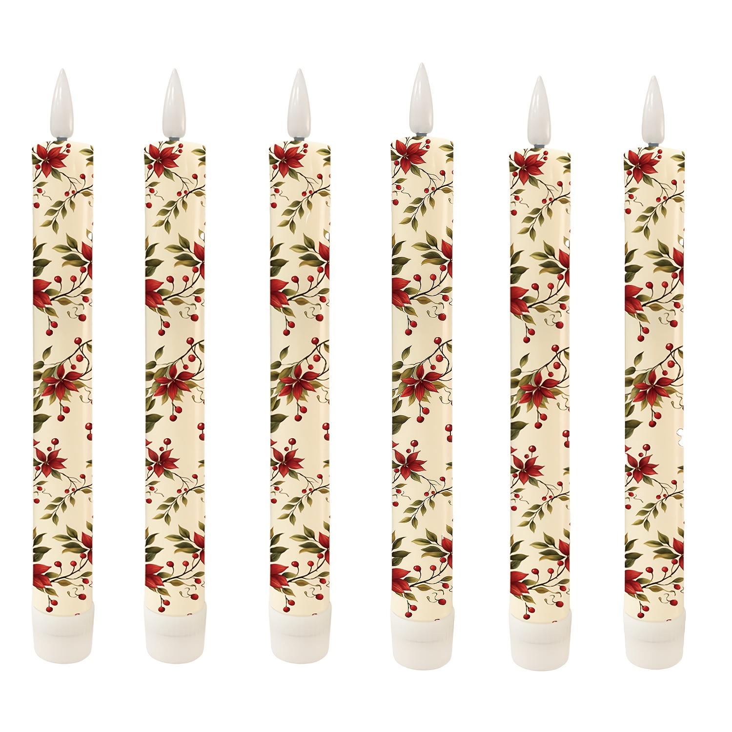 TEMU 6pcs Led Taper Candles With Poinsettia And Berry Print, 7.87-inch Battery-powered Flickering Flameless Candles, Christmas And Winter Floral
