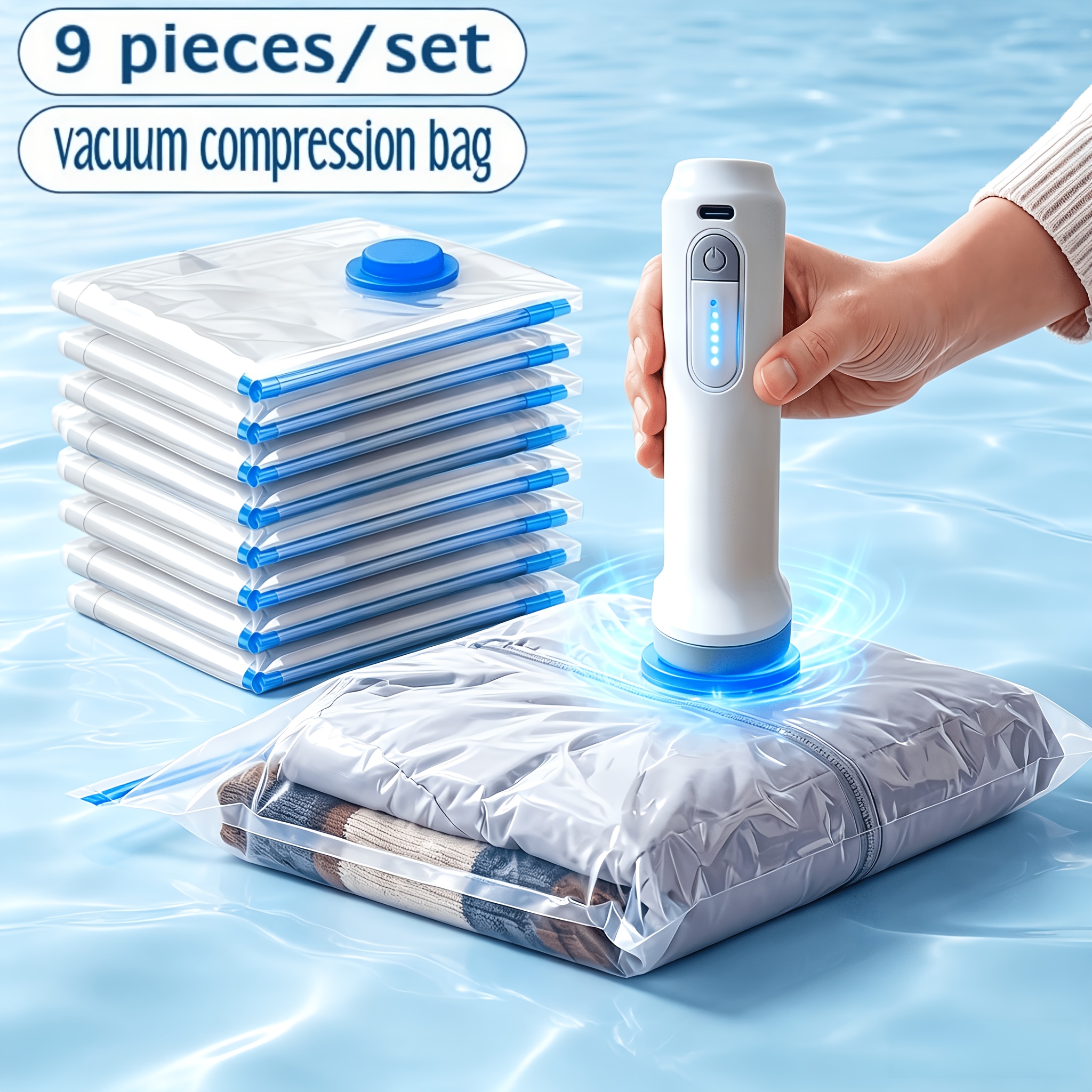 9pcs set vacuum storage compression bag set and rechargeable handheld electric vacuum pump reusable vacuum sealing bags for clothes blankets pillows and quilts quick decompression