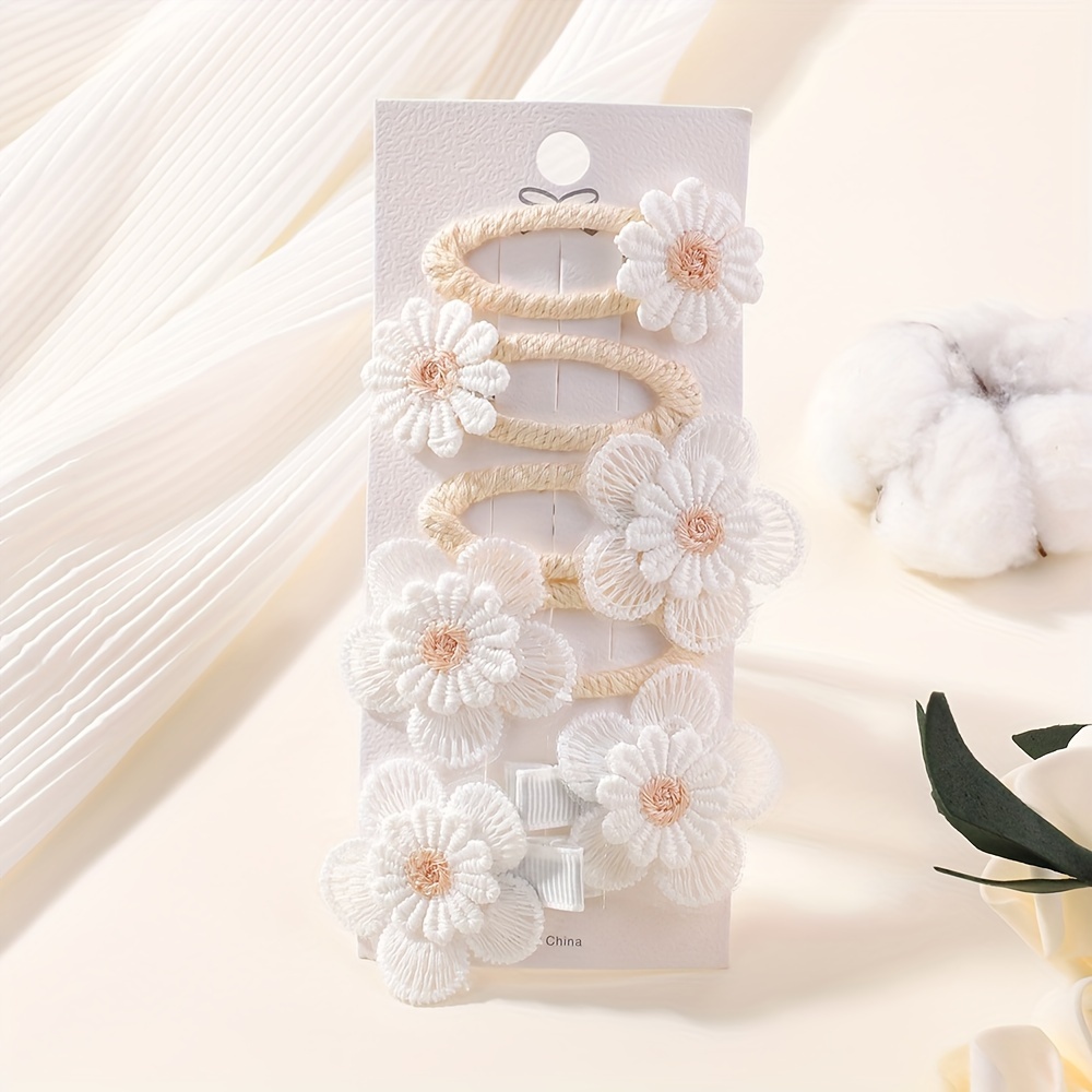 Fashion Floral Hair Clips Set, 6-pack Daisy Five-petal Flower Hair Accessories For Casual Daily Wear, Mixed Color Polyester Woven Fabric With Iron Clips, Stylish Hairpins 3-14