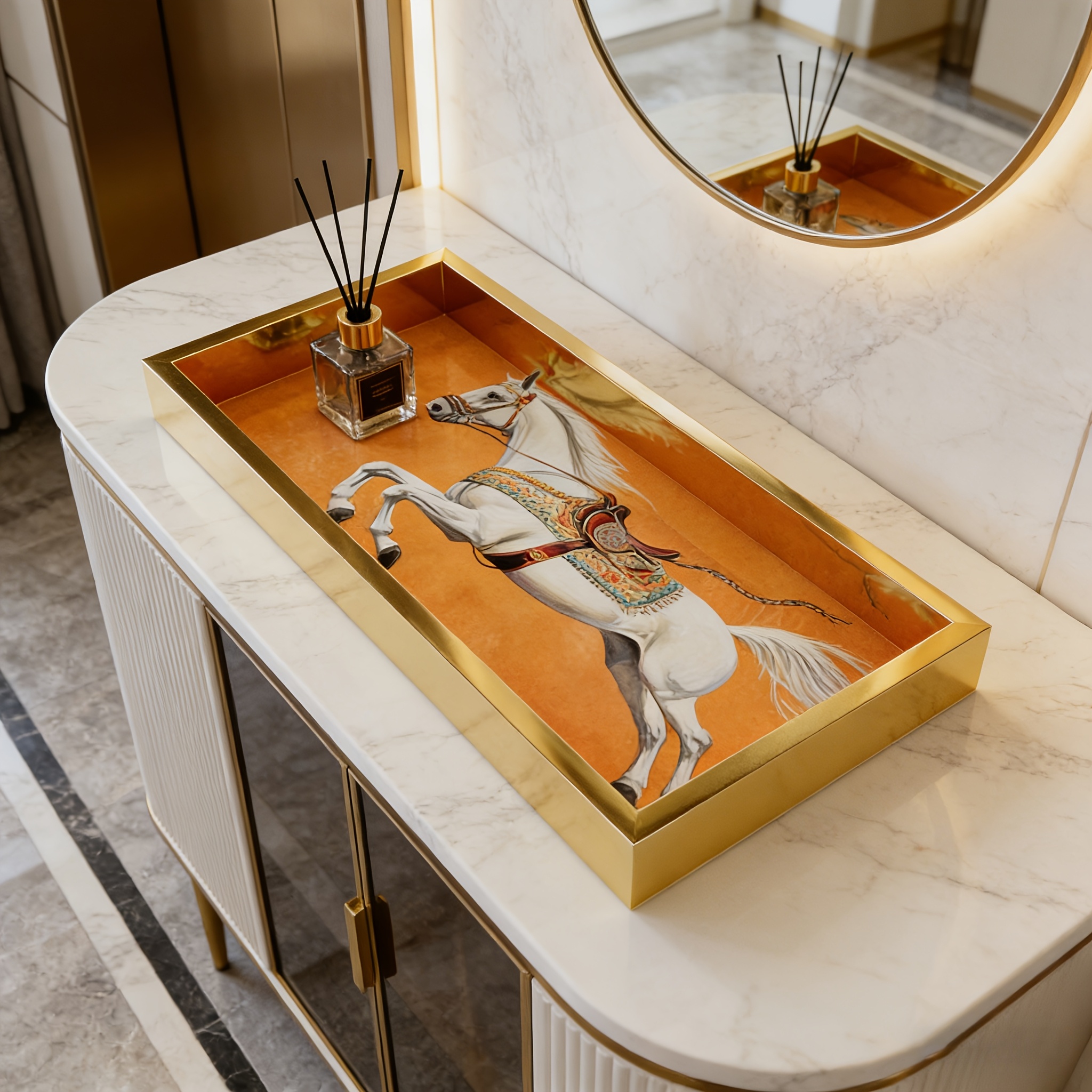 TEMU A Luxurious Orange And White Horse Patterned Glass Decorative Tray, A Rectangular Tabletop Storage Tray, An Artistic Entryway Key Tray Featuring