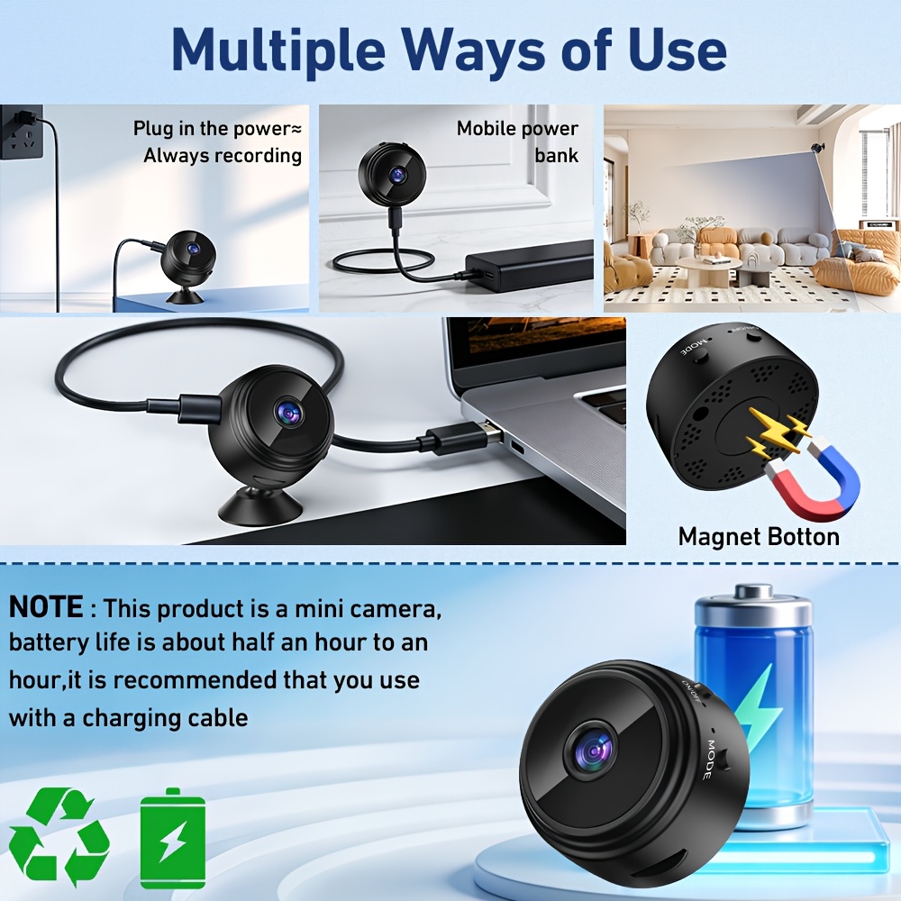 a9 wireless camera 480p sd indoor security camera with built in magnet usb powered rechargeable   wi fi   self   mounting app control audio alerts and portable design ideal for home surveillance Product details 4