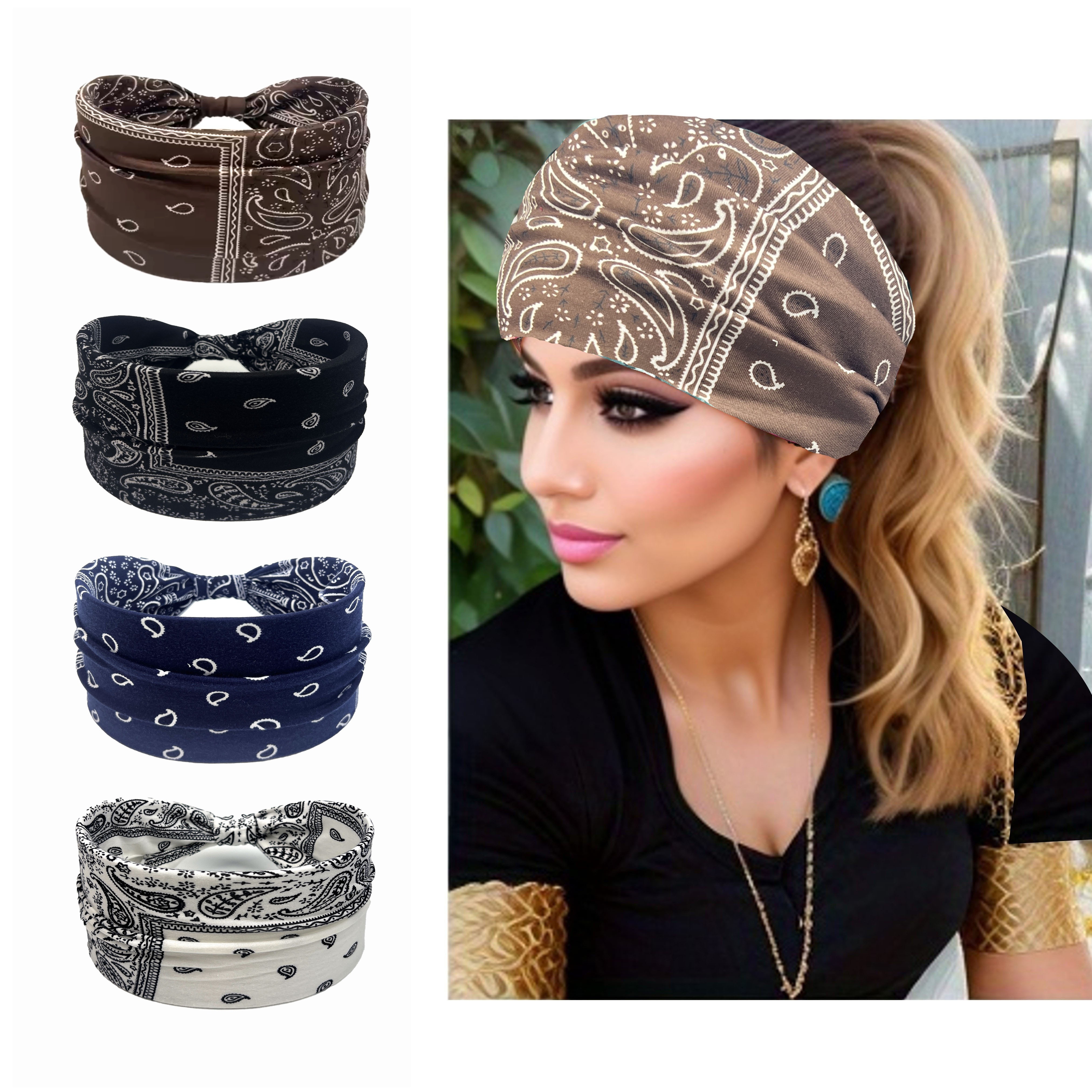 

Boho Chic 4-piece Headband Set For Women - Wide, Elastic Sports & Yoga Hairbands With Paisley Print