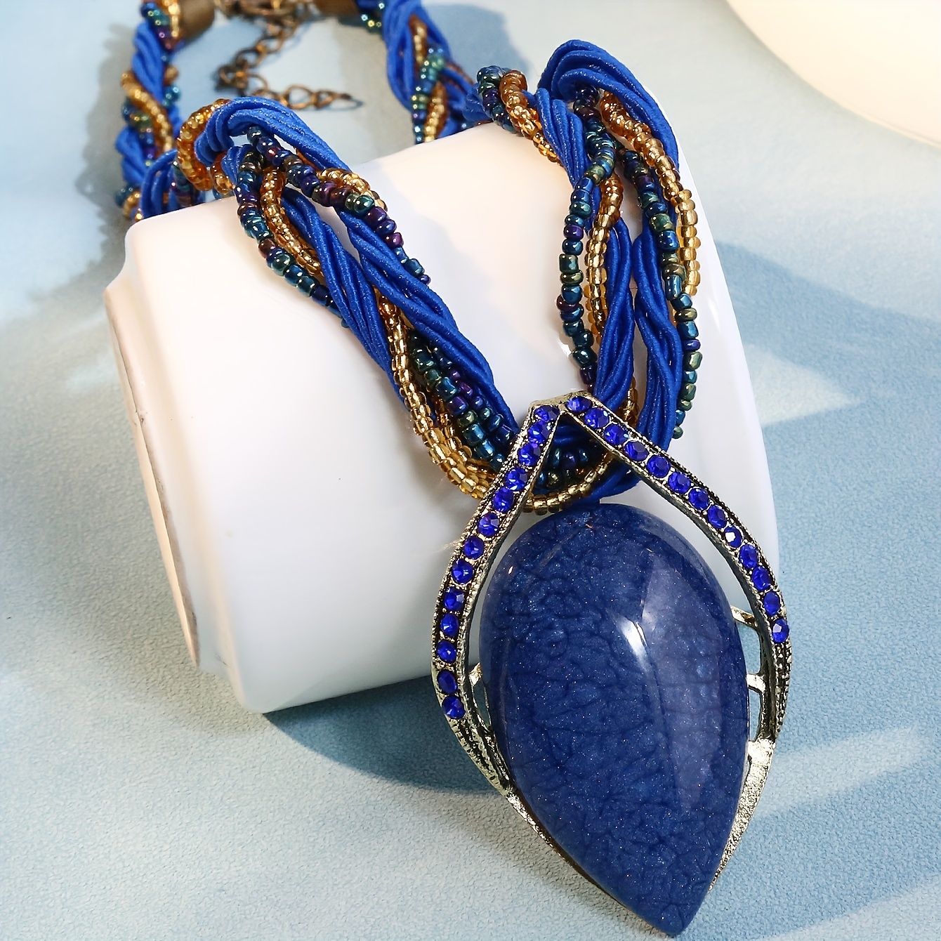 bohemian vintage style teardrop cat eye stone pendant necklace ethnic sweater chain jewelry with multicolor rope accents details 4