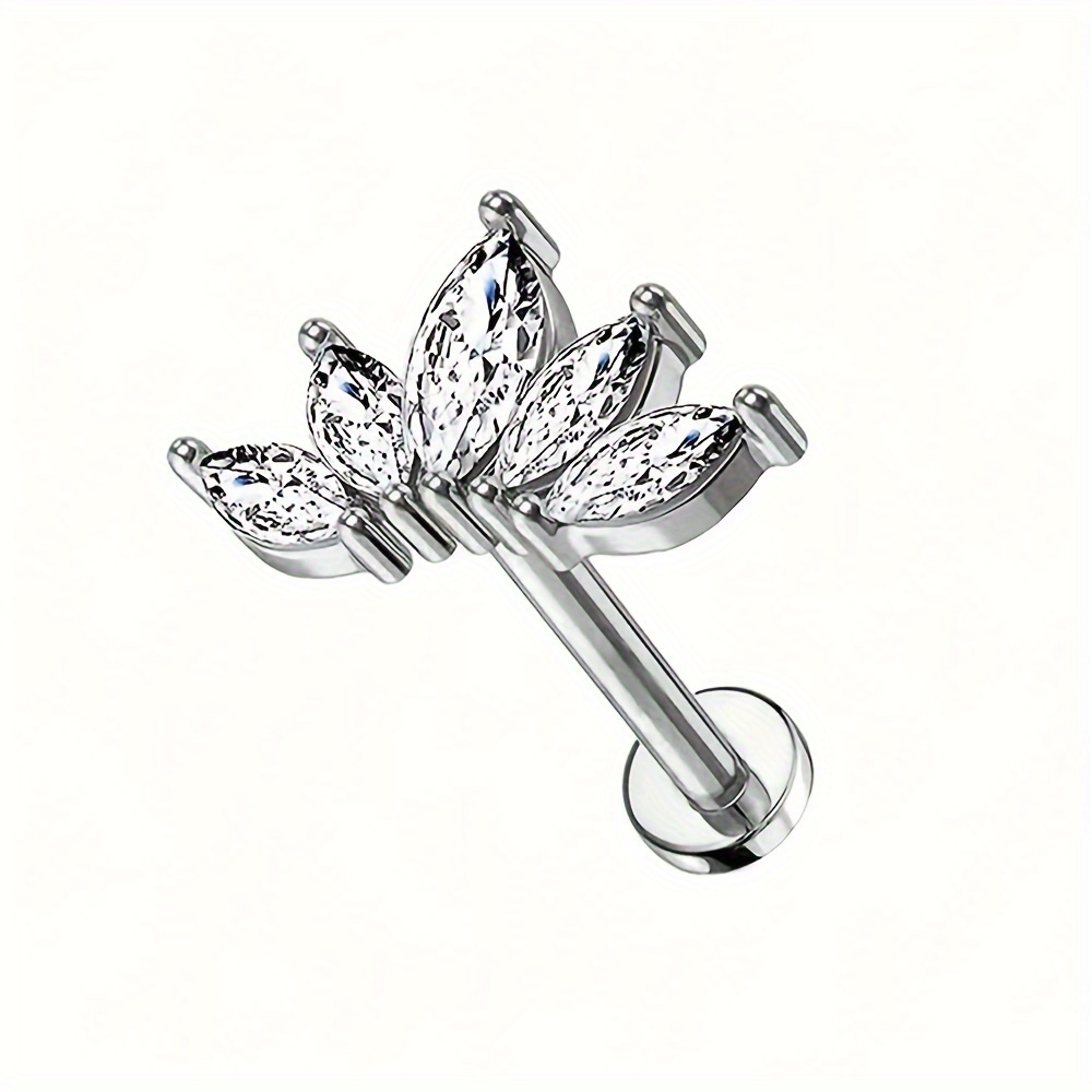 1pc 16g Steel Soft Cartilage External Thread Sparkling Flower Flat Back Stud Earrings Cubic Synthetic Zirconia Lip Shaped Piercing Ideal Gift Suitable For Festive Parties