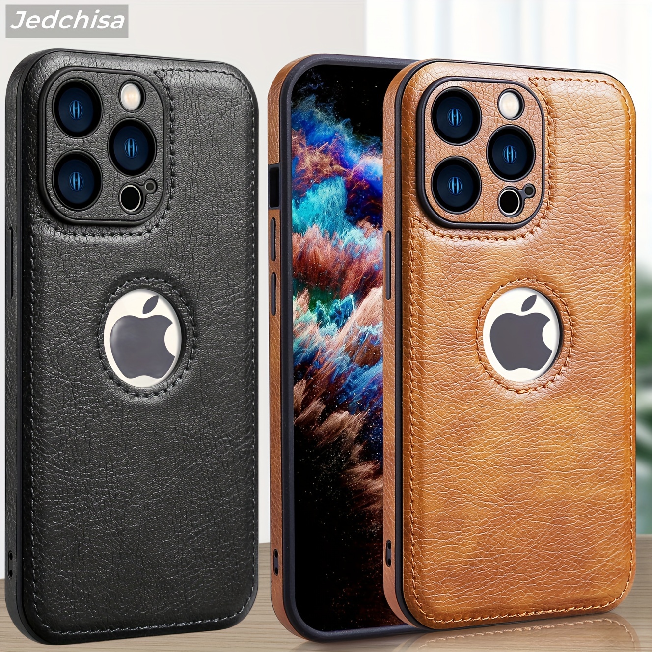 Logo View Compatible with iPhone 15/14/13/12 Pro Max Case Slim Premium Vegan Leather Classic Luxury Elegant Thin Cover, Shockproof Full Protection