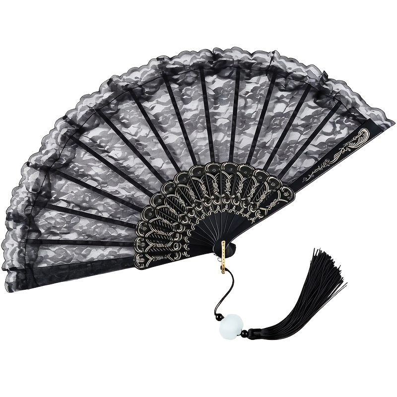 TEMU Black Lace Folding Fan, Handheld Fan With Pendant Tassel, Black Retro Lace Handheld Fan For Women's Birthday Party Dancing Cosplay
