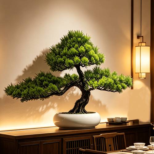 bonsai realistico di grandi dimensioni in stile e americano , per soggiorni interni, ingressi, scrivanie da ufficio, da tè e arredi morbidi per camera da letto. pianta artificiale in vaso con fogliame verde -reale, che offre una texture