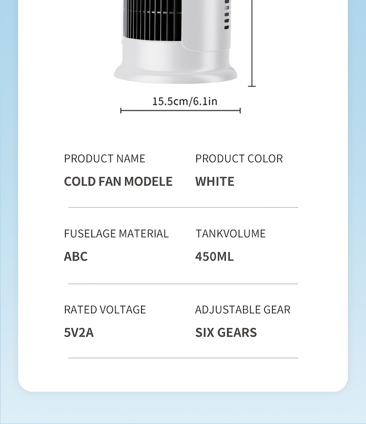Portable 3-in-1 Water-cooled Air Conditioner with Two Ice Packs, Equipped with a Humidifier, Featuring Dazzling LED Lights and a Fan. Built-in USB Cooling Unit with a 450ml Large-capacity Water Tank, Supports 6-speed Wind Adjustment, and Adjustable