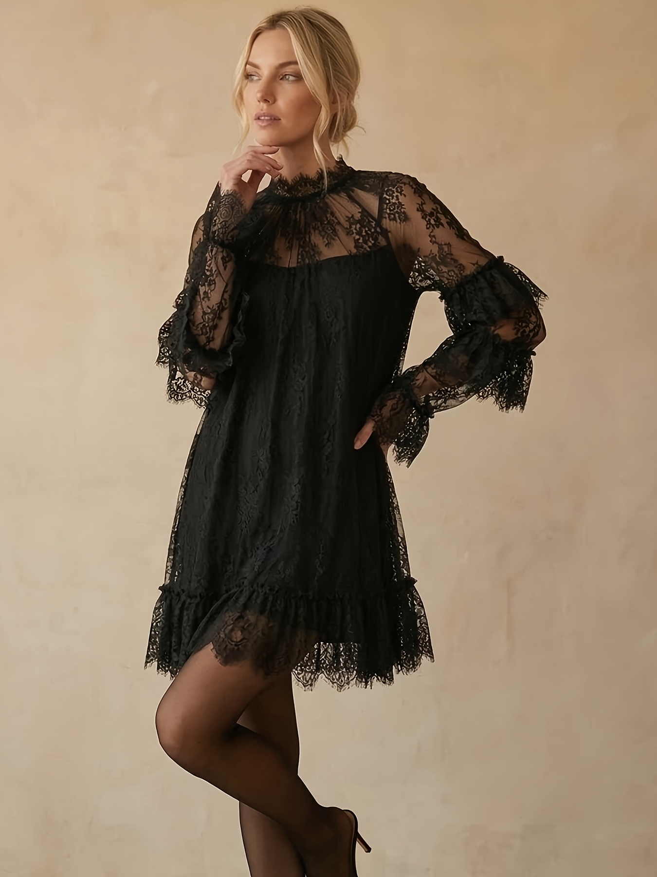 black lace dress bell sleeves Black Lace Gothic Top with Bell Sleeves and Neck Chains